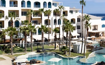 a pool with palm trees and a building