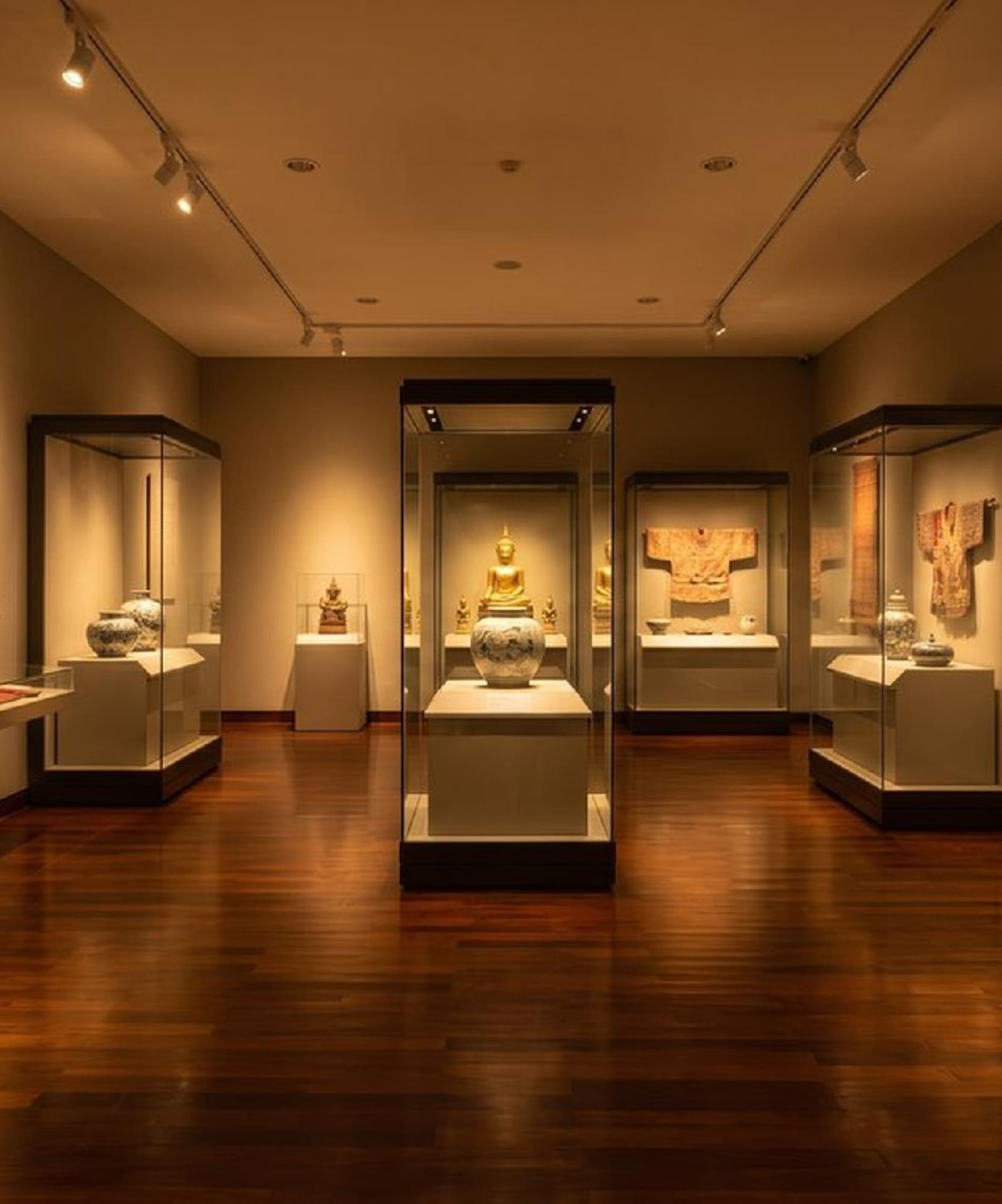 Museum gallery featuring golden Buddha statues and historical artifacts.