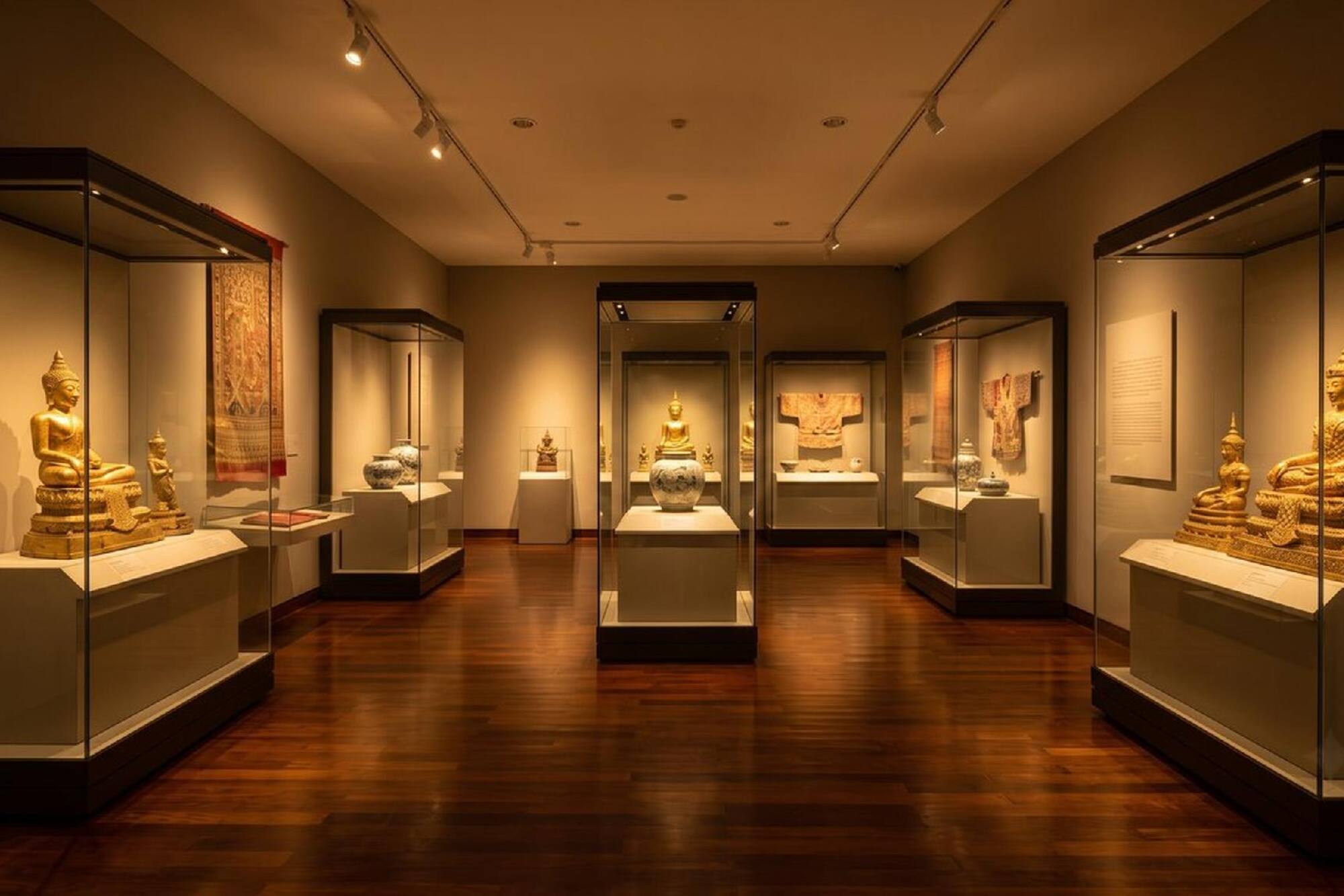 Museum gallery featuring golden Buddha statues and historical artifacts.