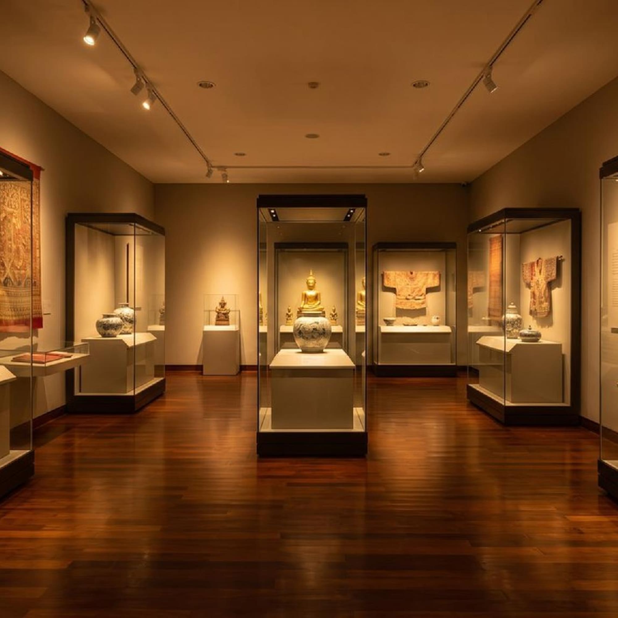 Museum gallery featuring golden Buddha statues and historical artifacts.