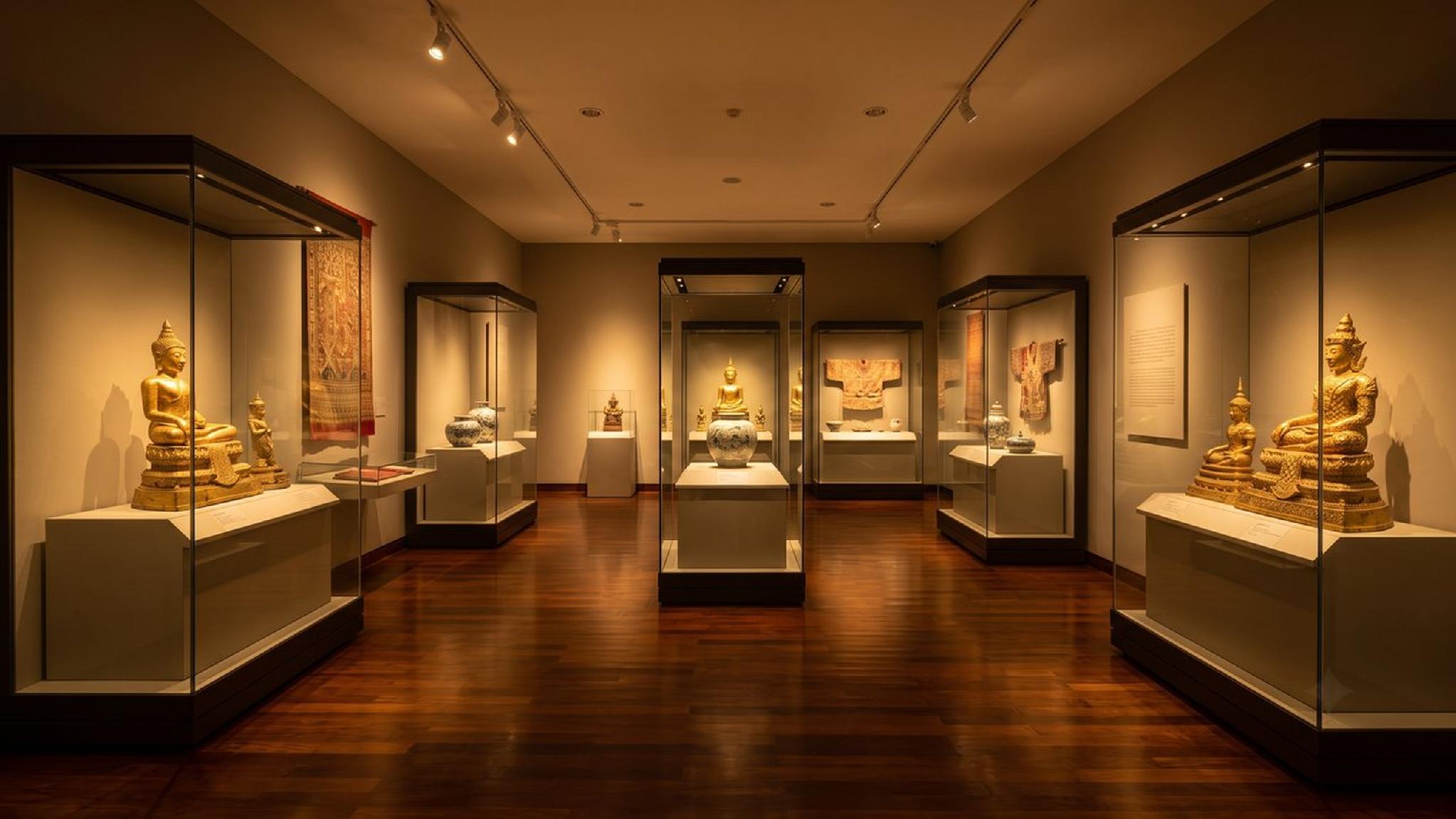 Museum gallery featuring golden Buddha statues and historical artifacts.