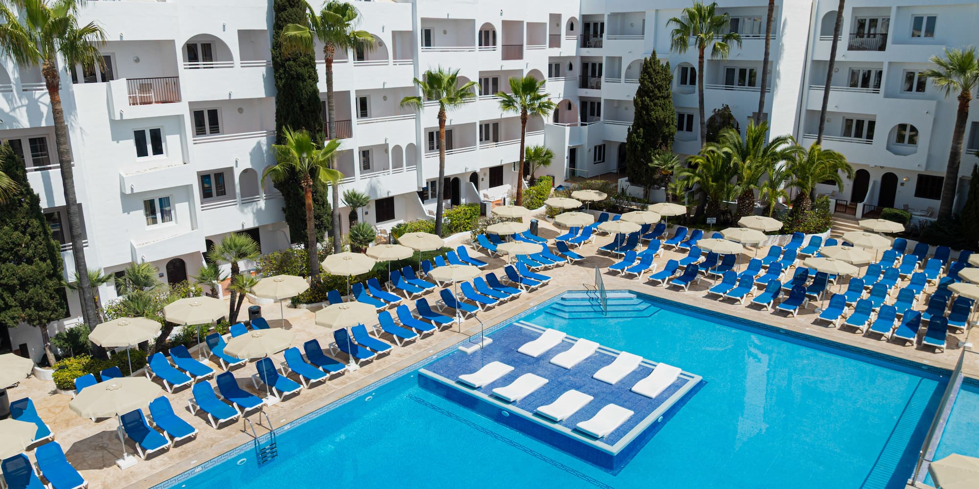 Sunny hotel pool with blue lounge chairs, palm trees, and white buildings.