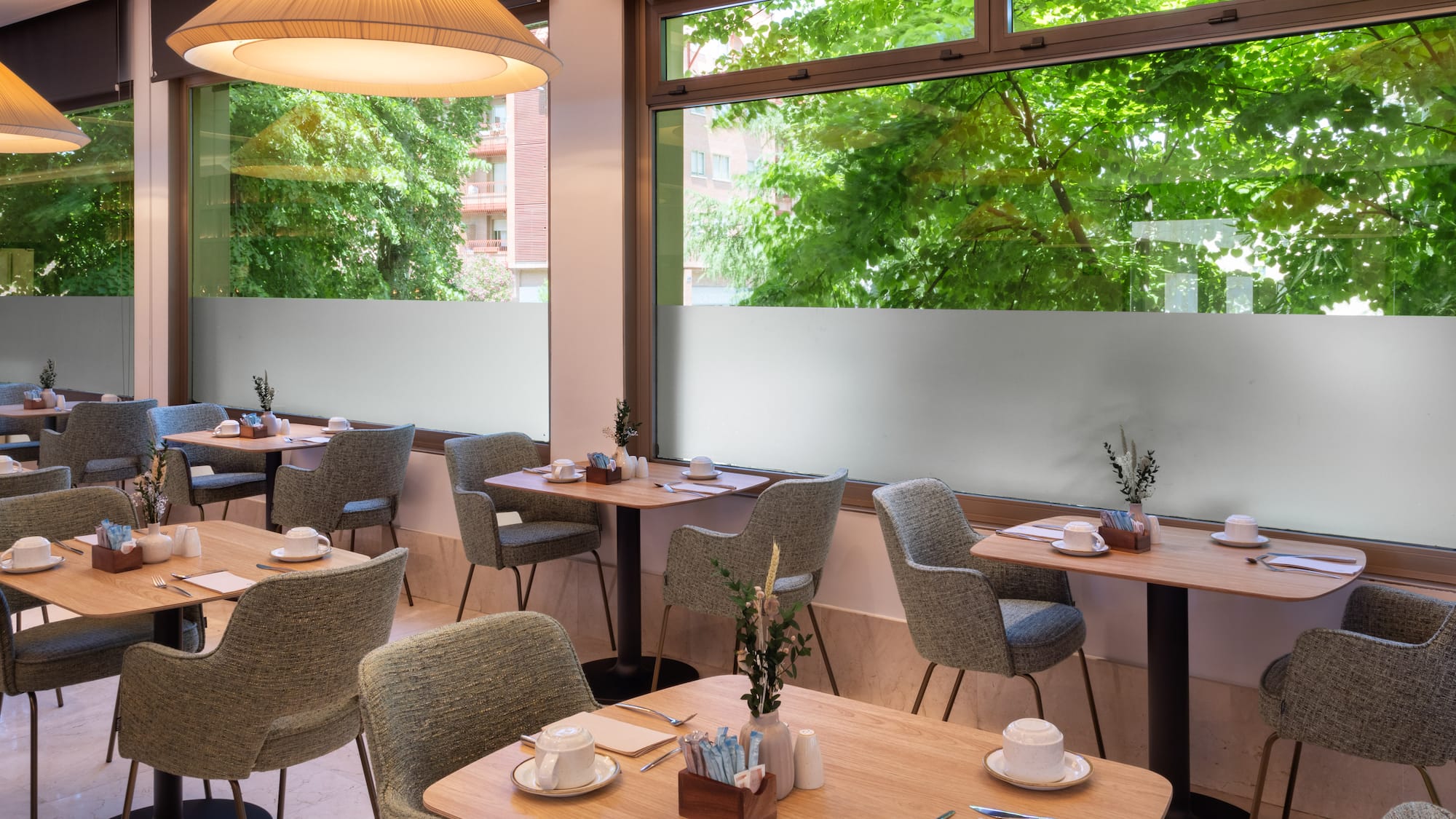 a restaurant with tables and chairs