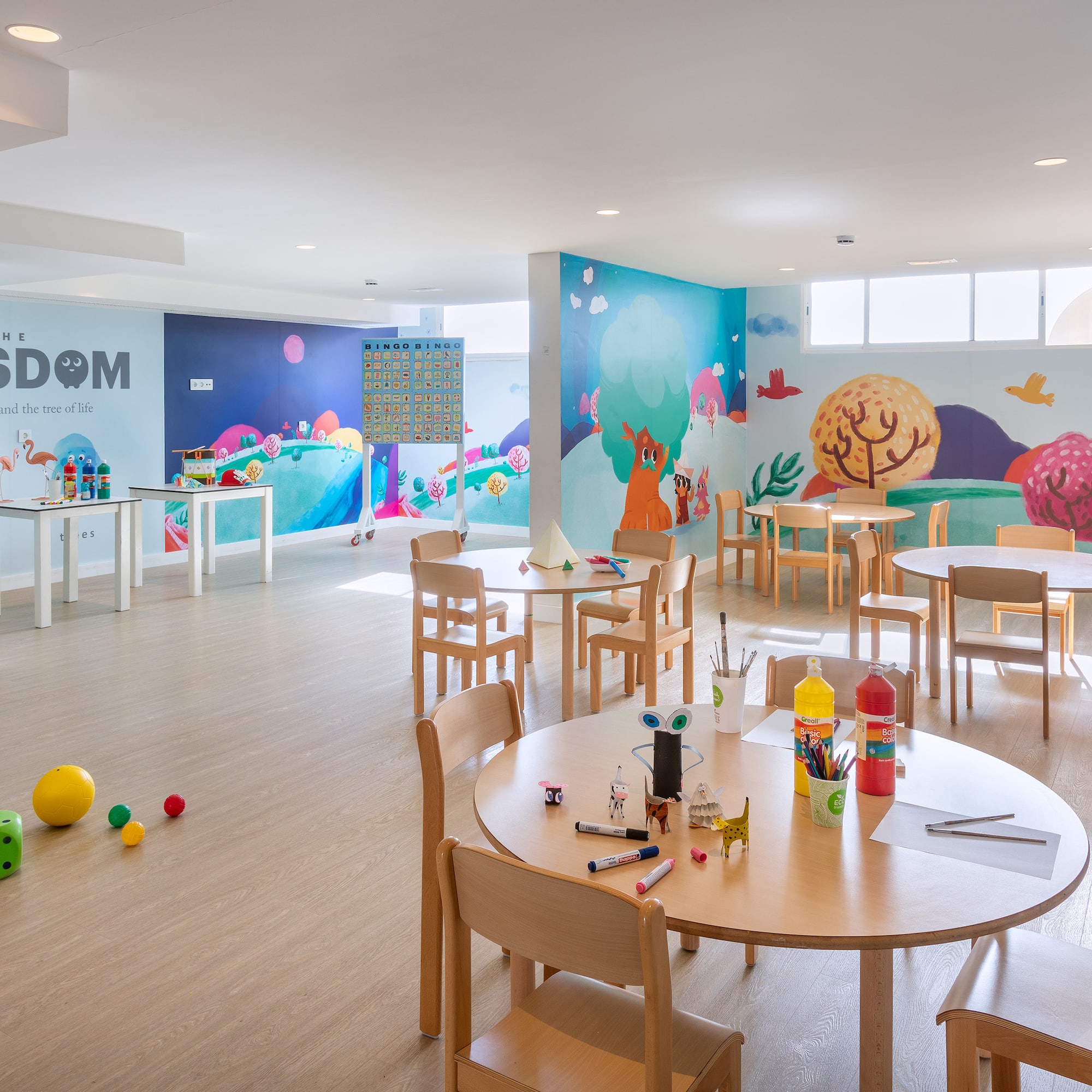 a room with tables and chairs