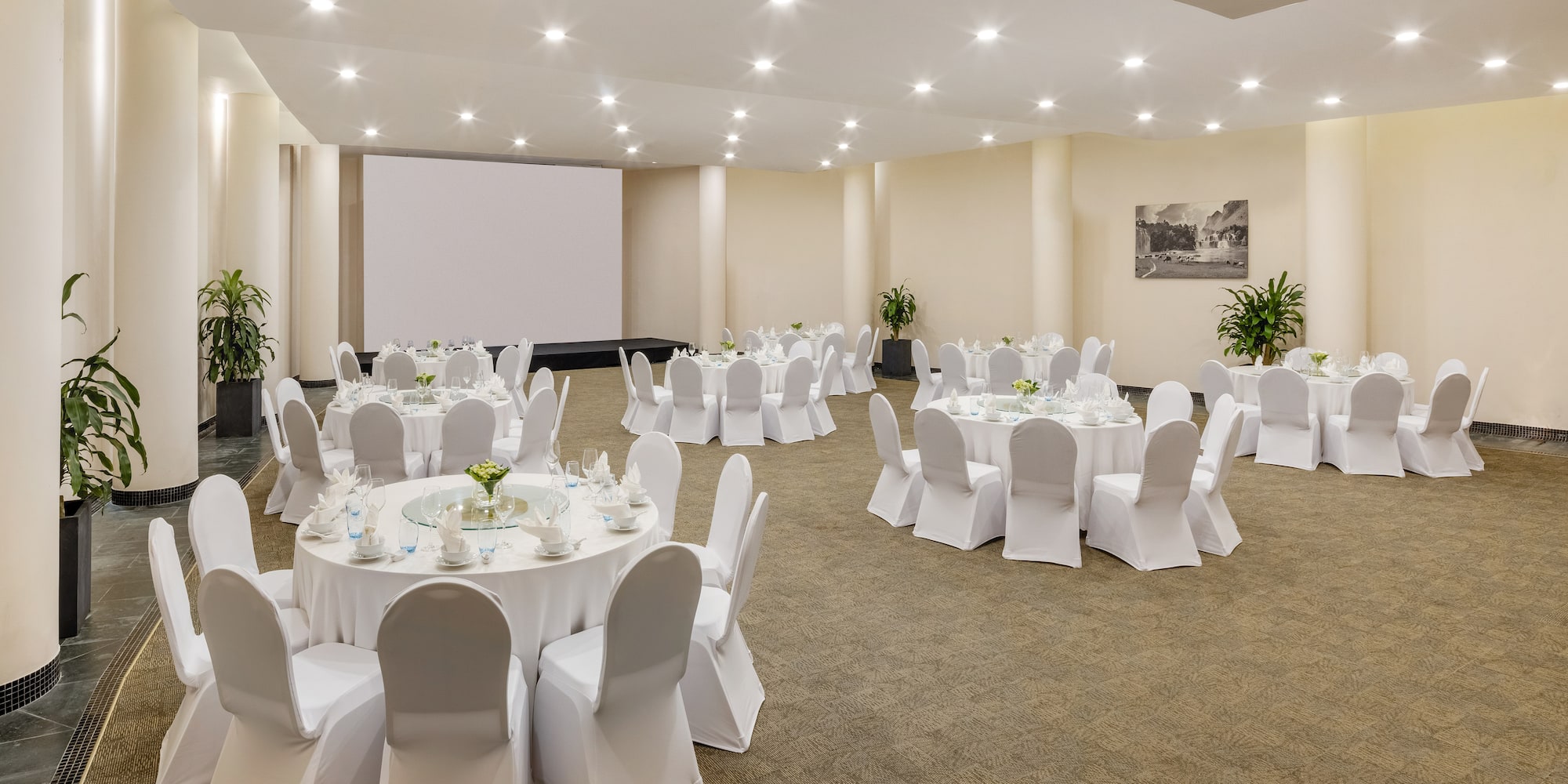 a room with tables and chairs