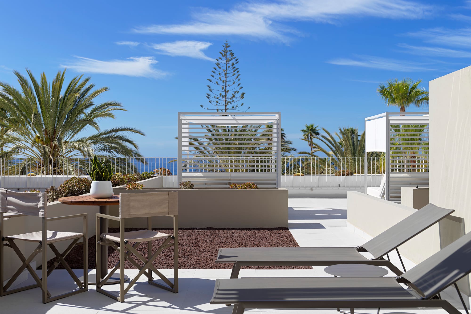 a patio with chairs and tables and plants on a sunny day