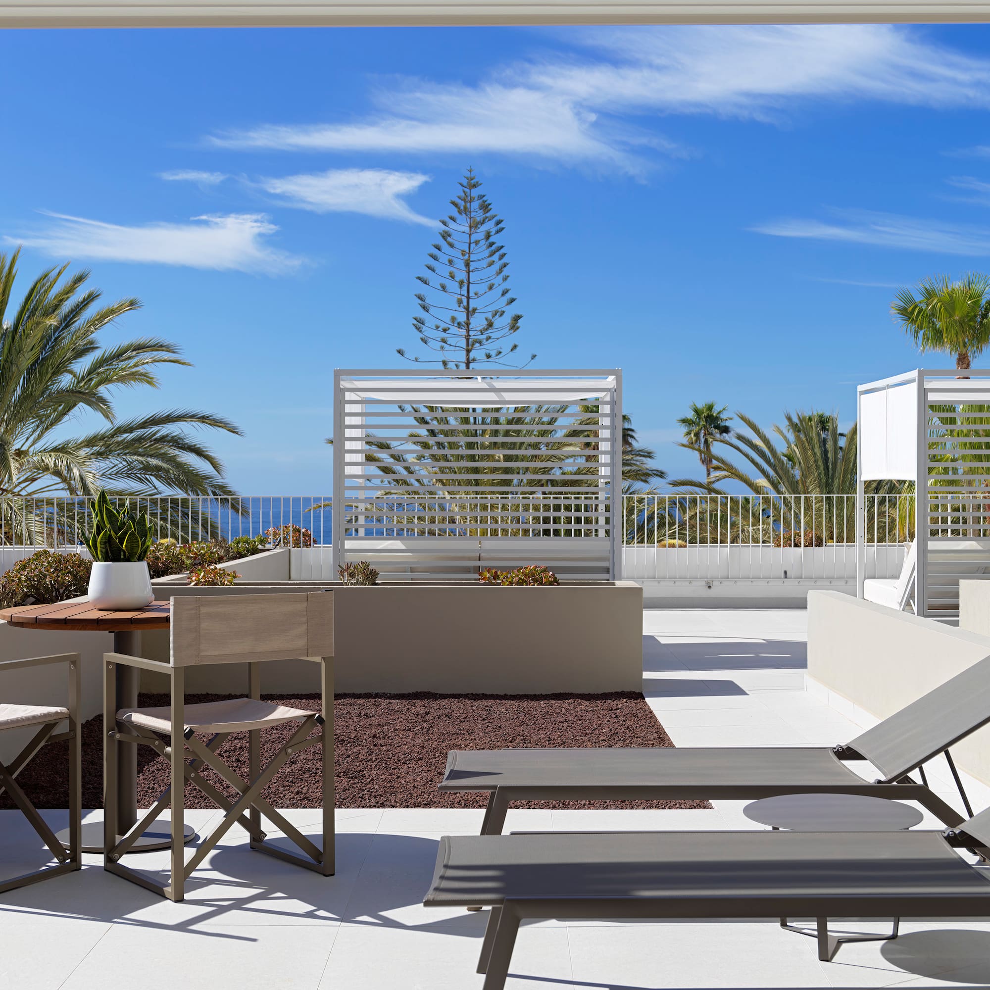 a patio with chairs and tables and plants on a sunny day