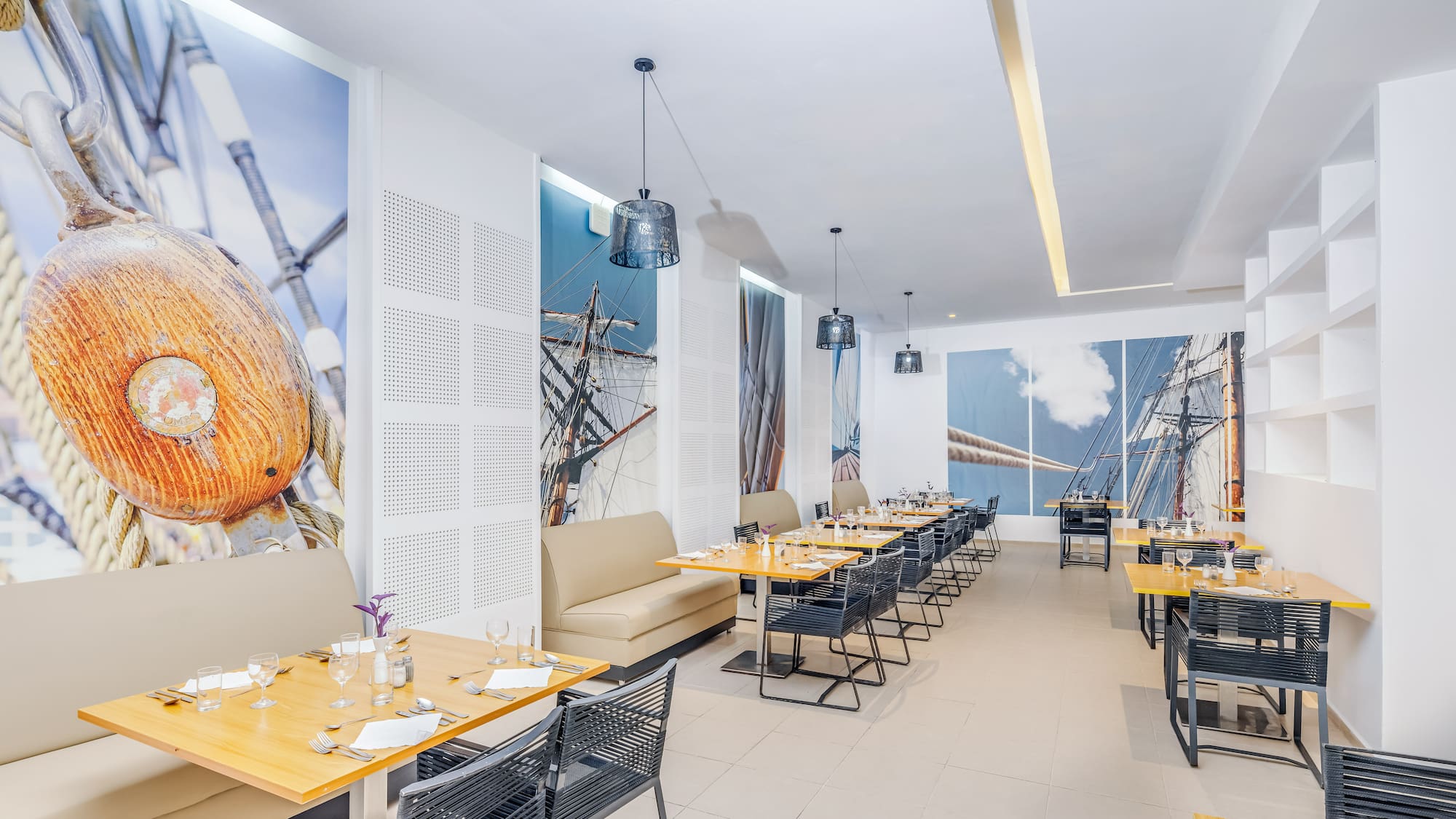 a room with tables and chairs