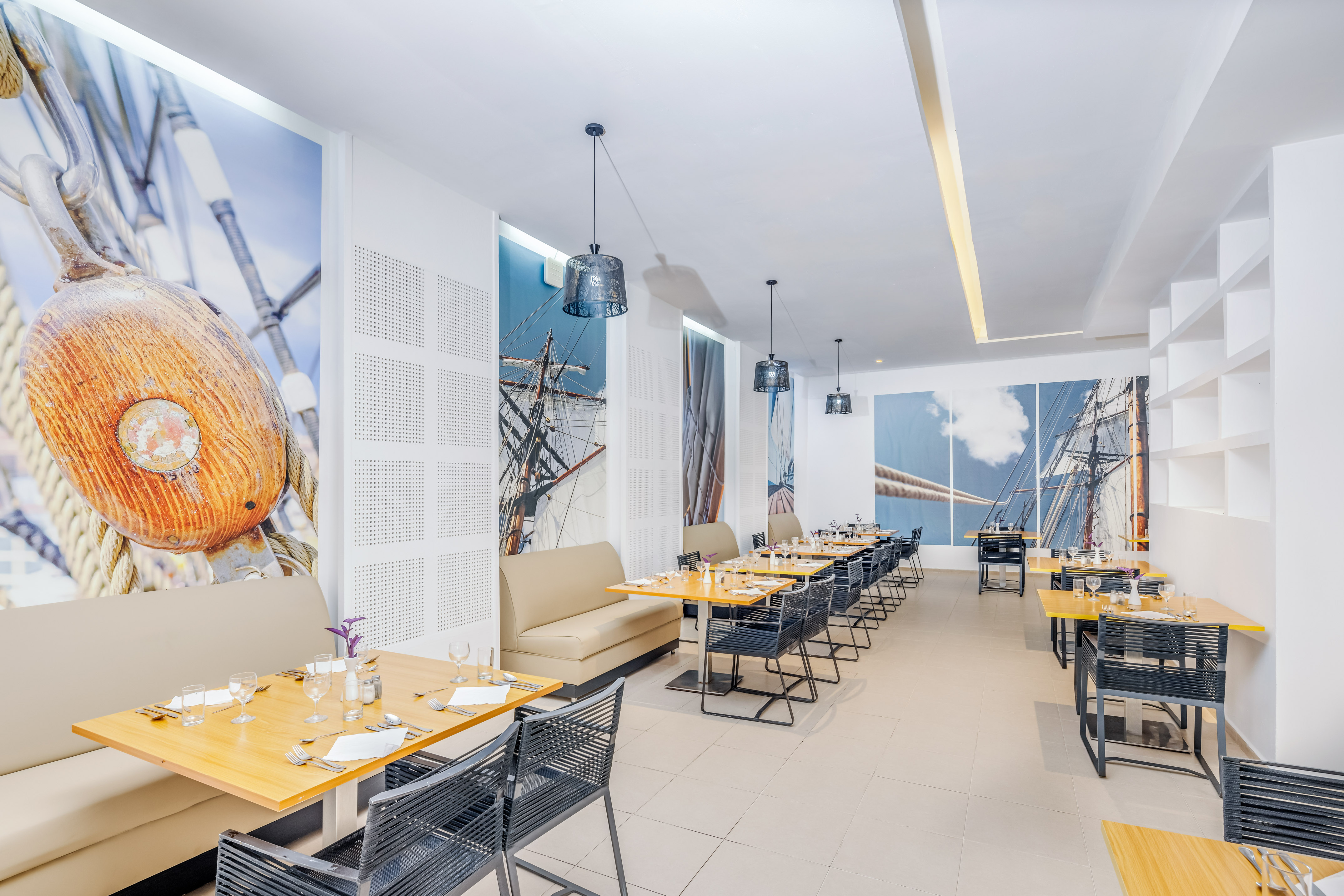 a room with tables and chairs