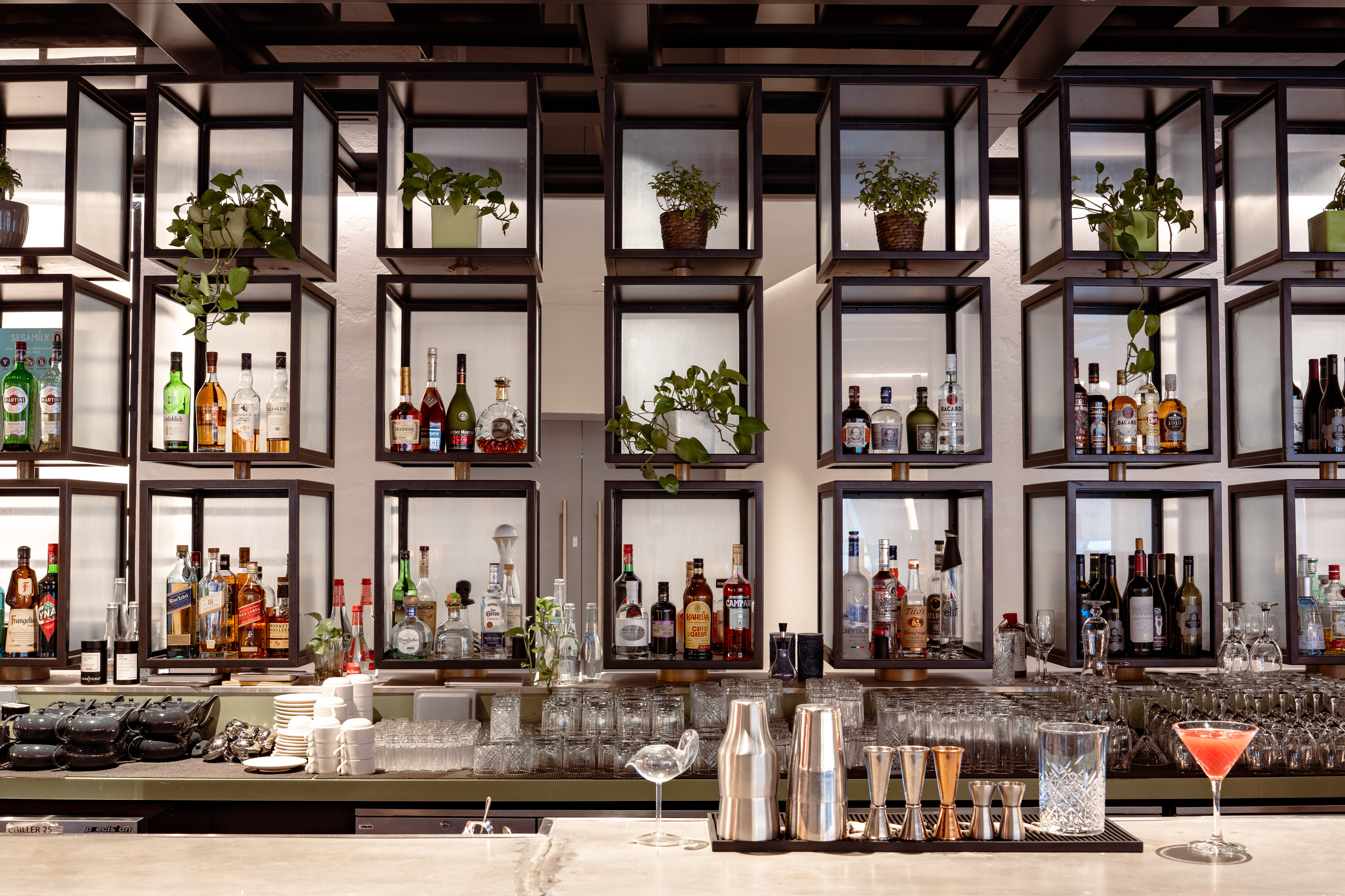 Stylish modern bar with illuminated shelves, liquor bottles, plants, and cocktail tools.