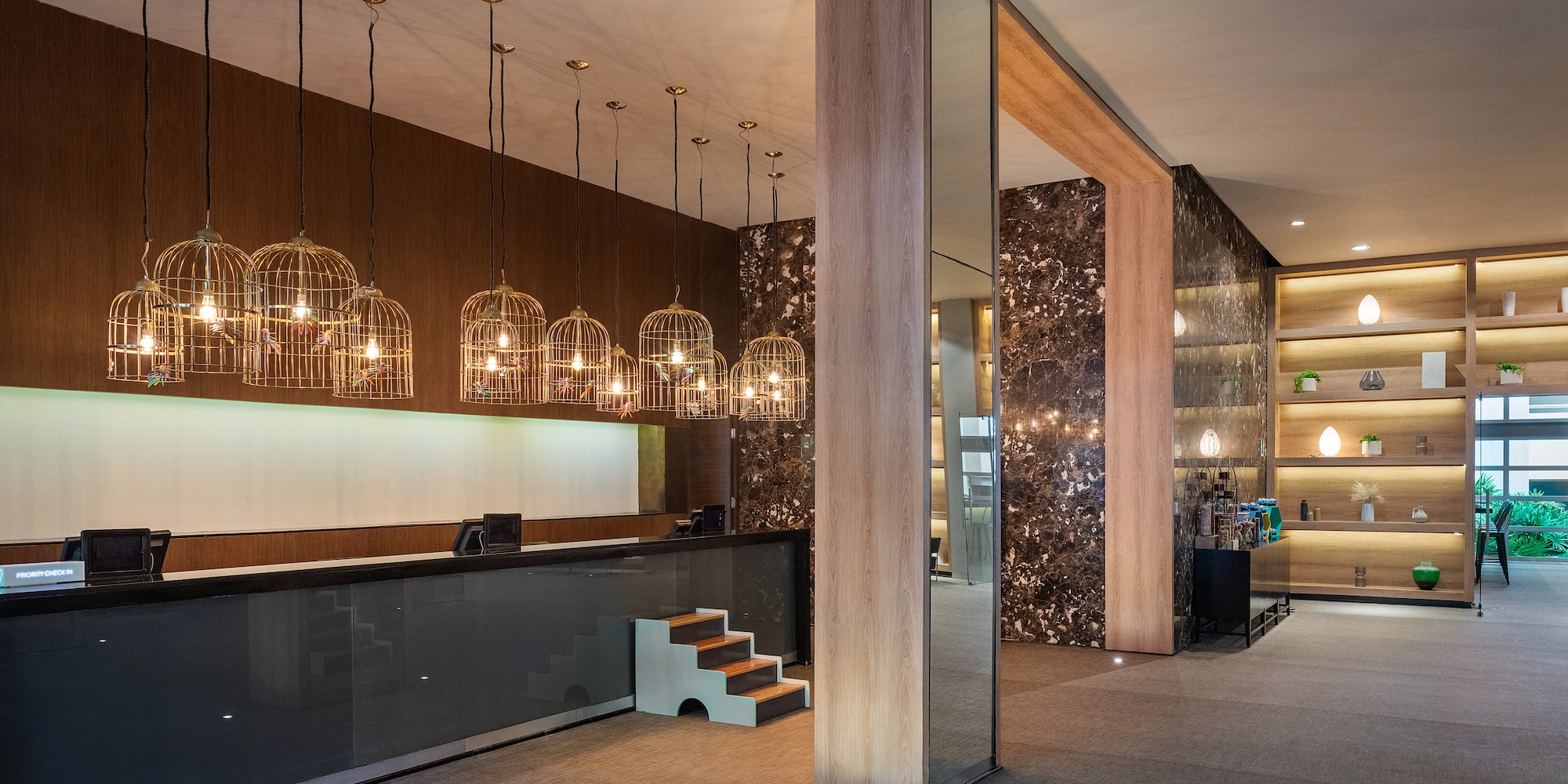 a reception desk in a hotel