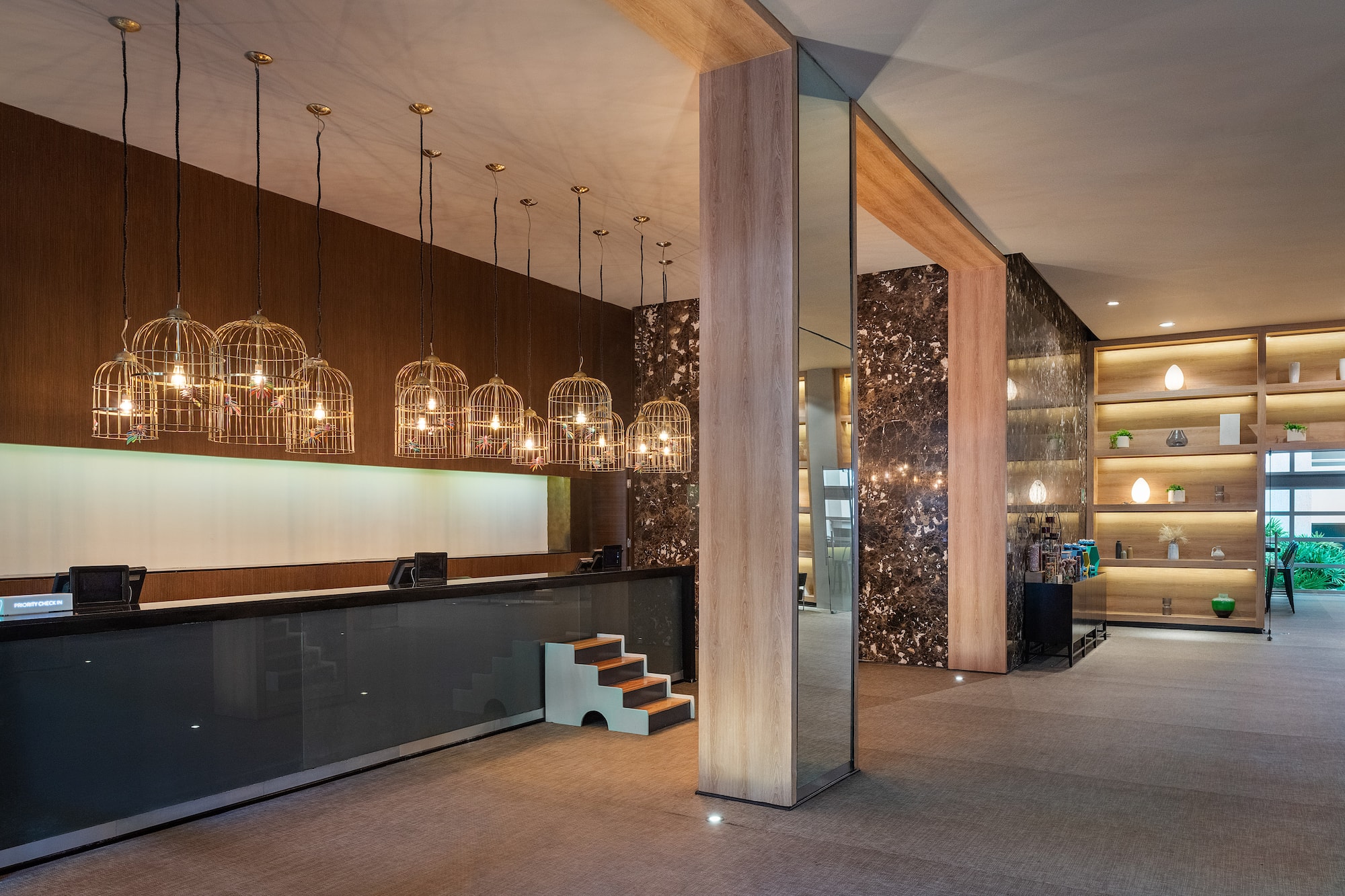 a reception desk in a hotel