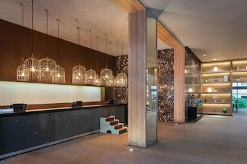 a reception desk in a hotel