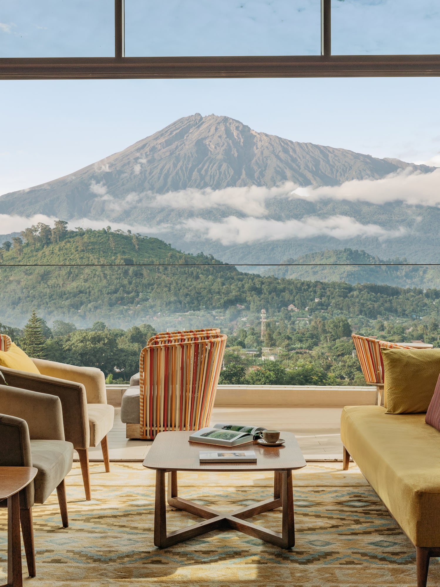 a room with a mountain view