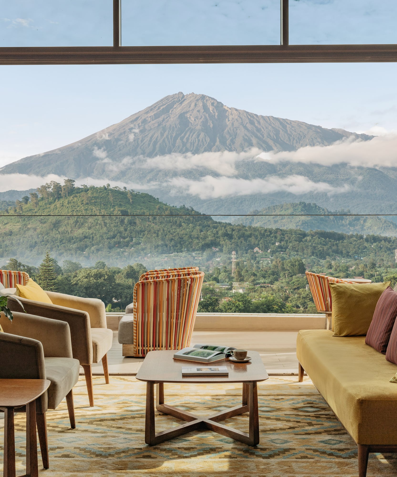 a room with a mountain view