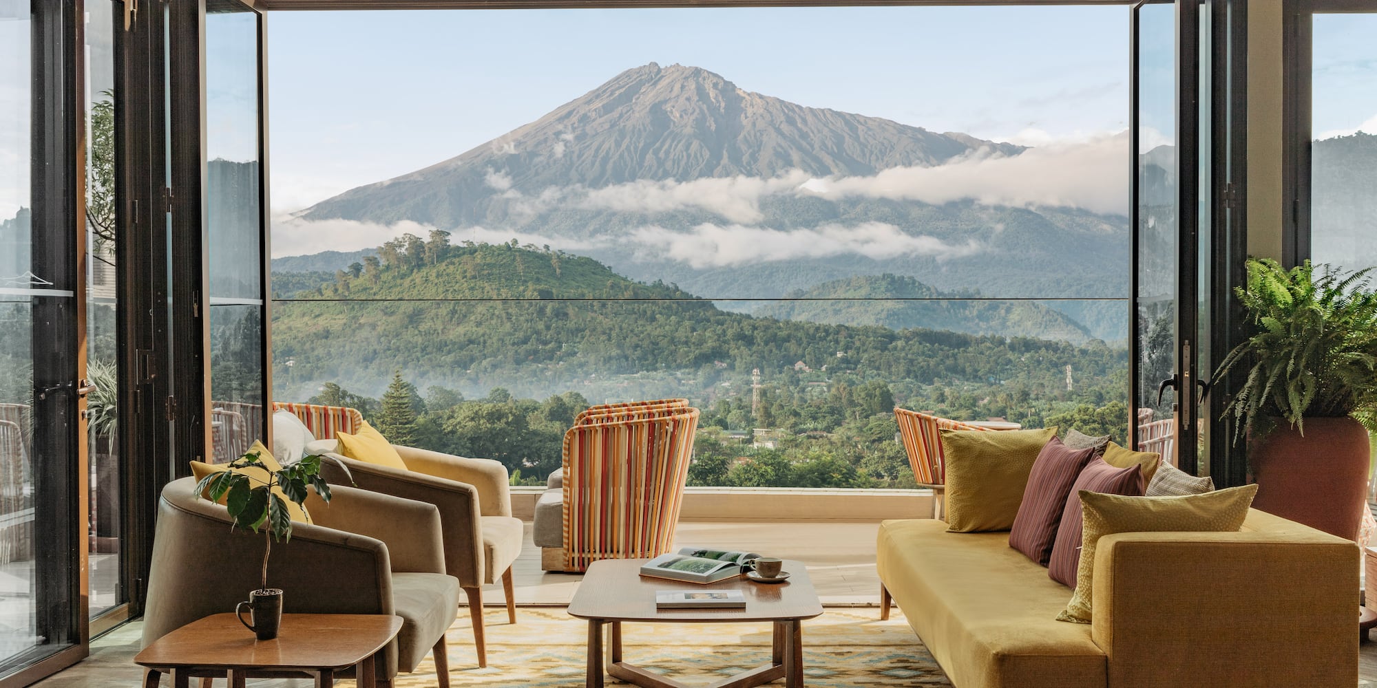 a room with a mountain view