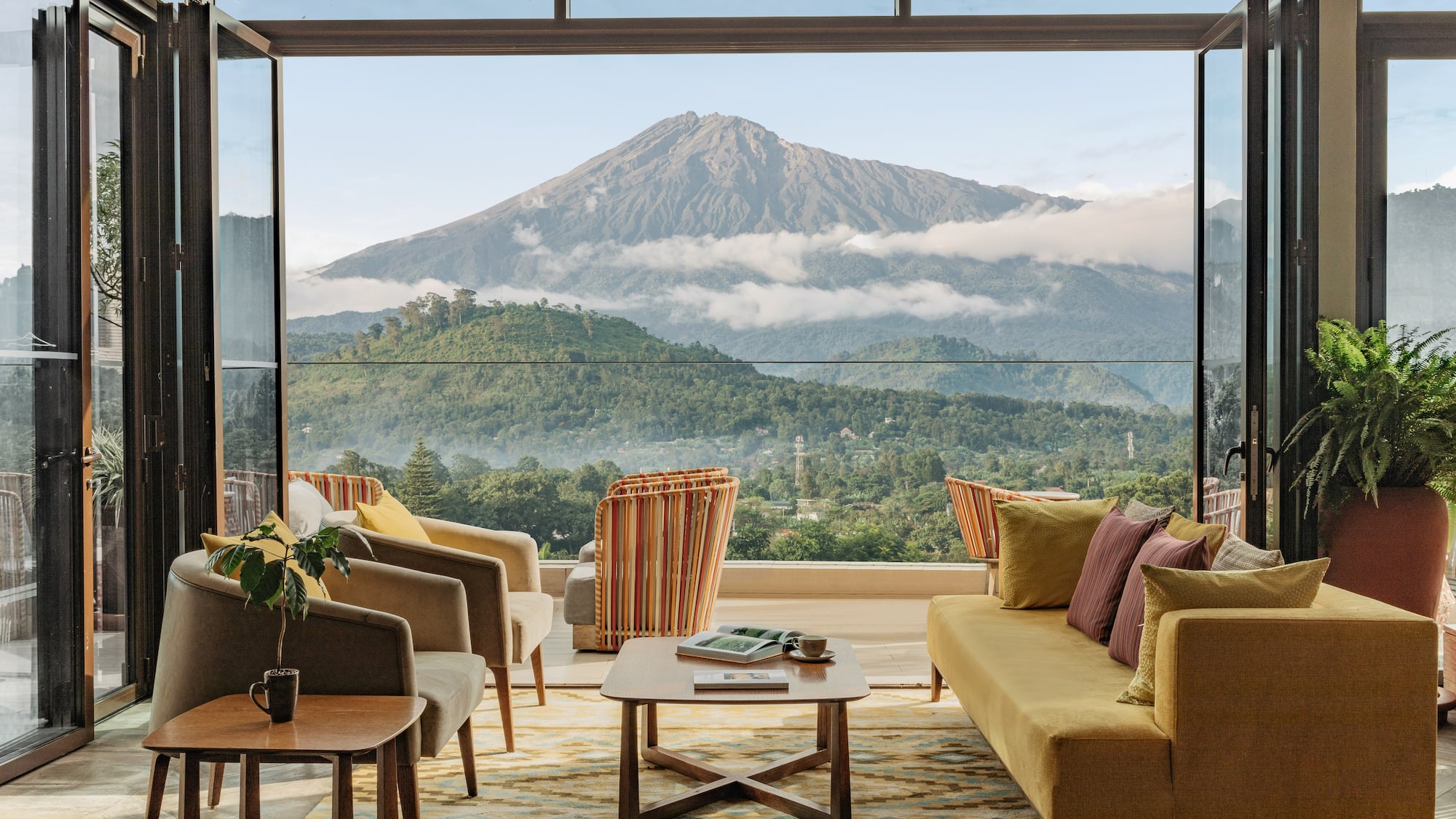 a room with a mountain view