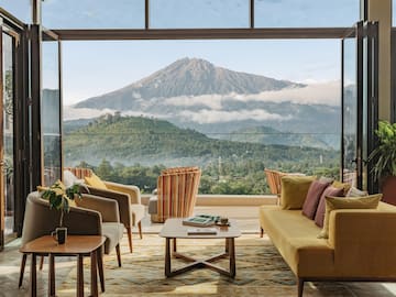 a room with a mountain view