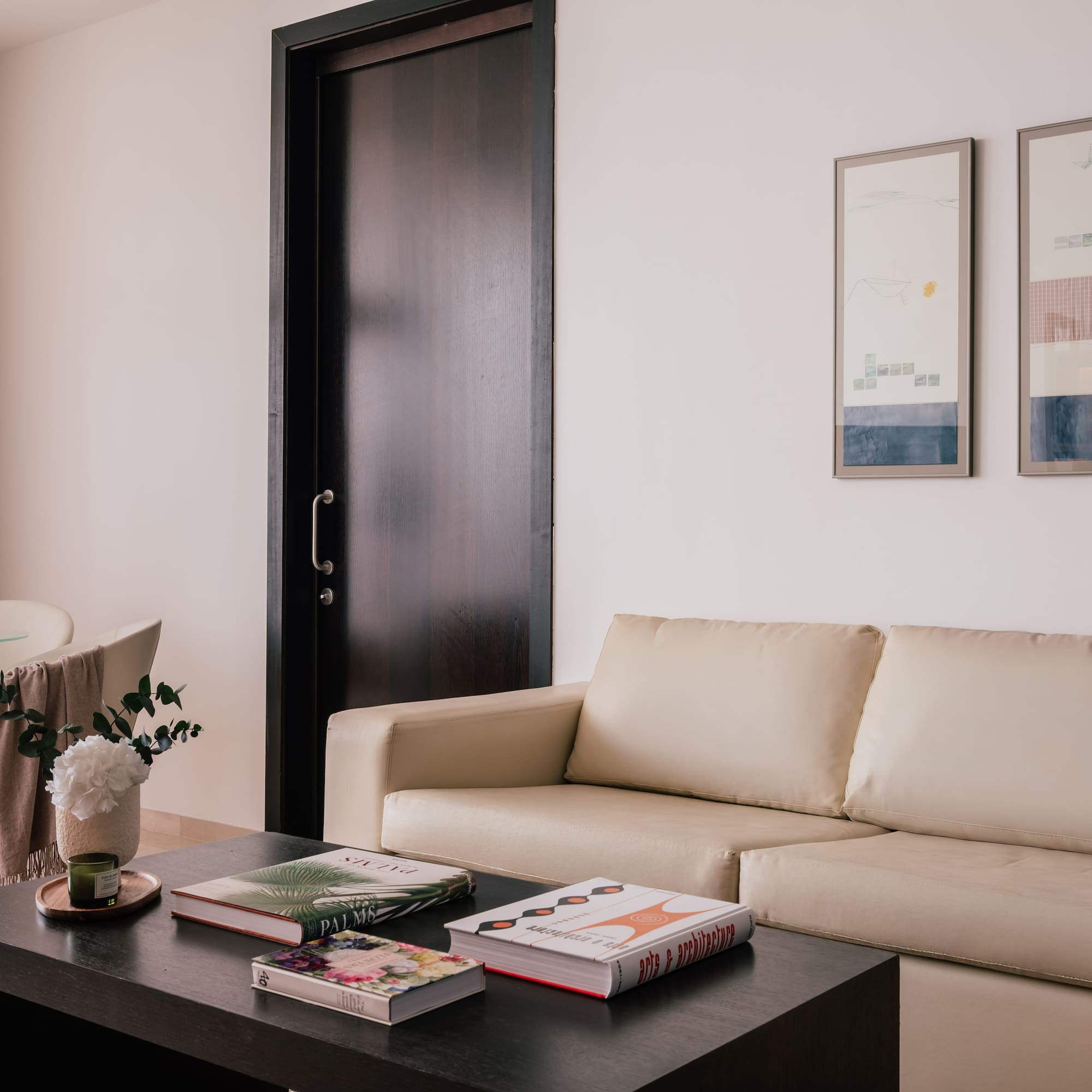 a living room with a couch and a coffee table