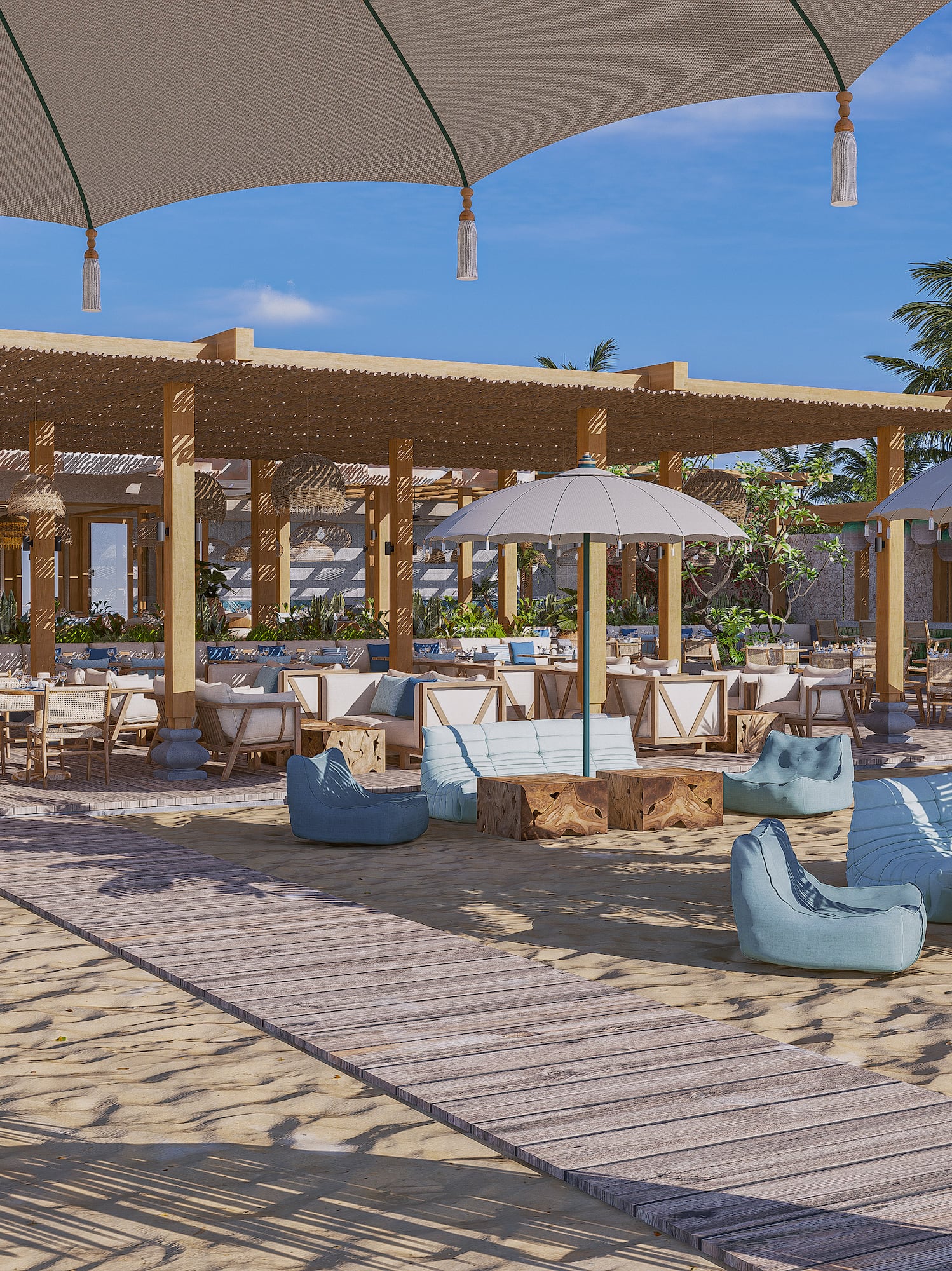 a beach with a large patio area