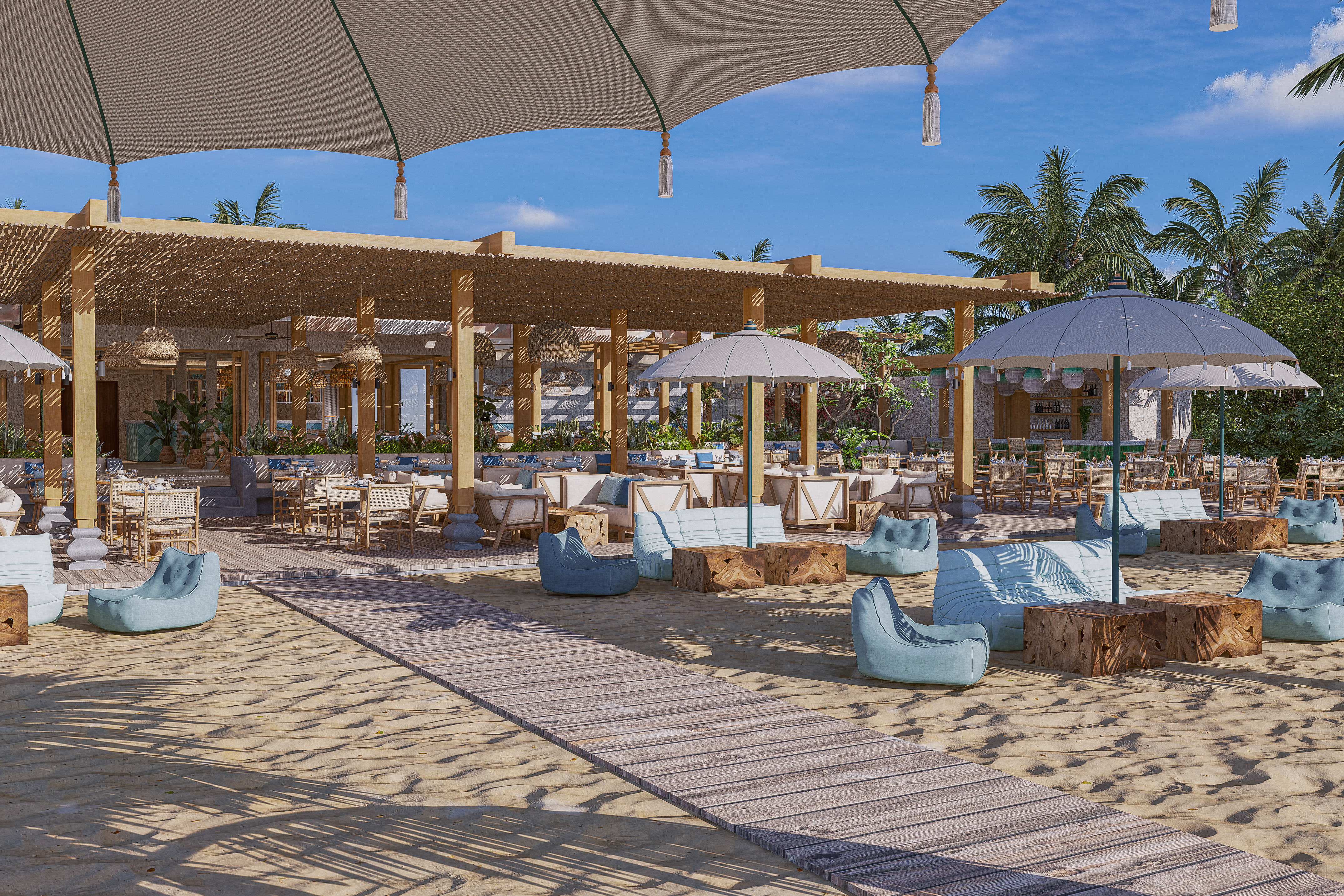 a beach with a large patio area