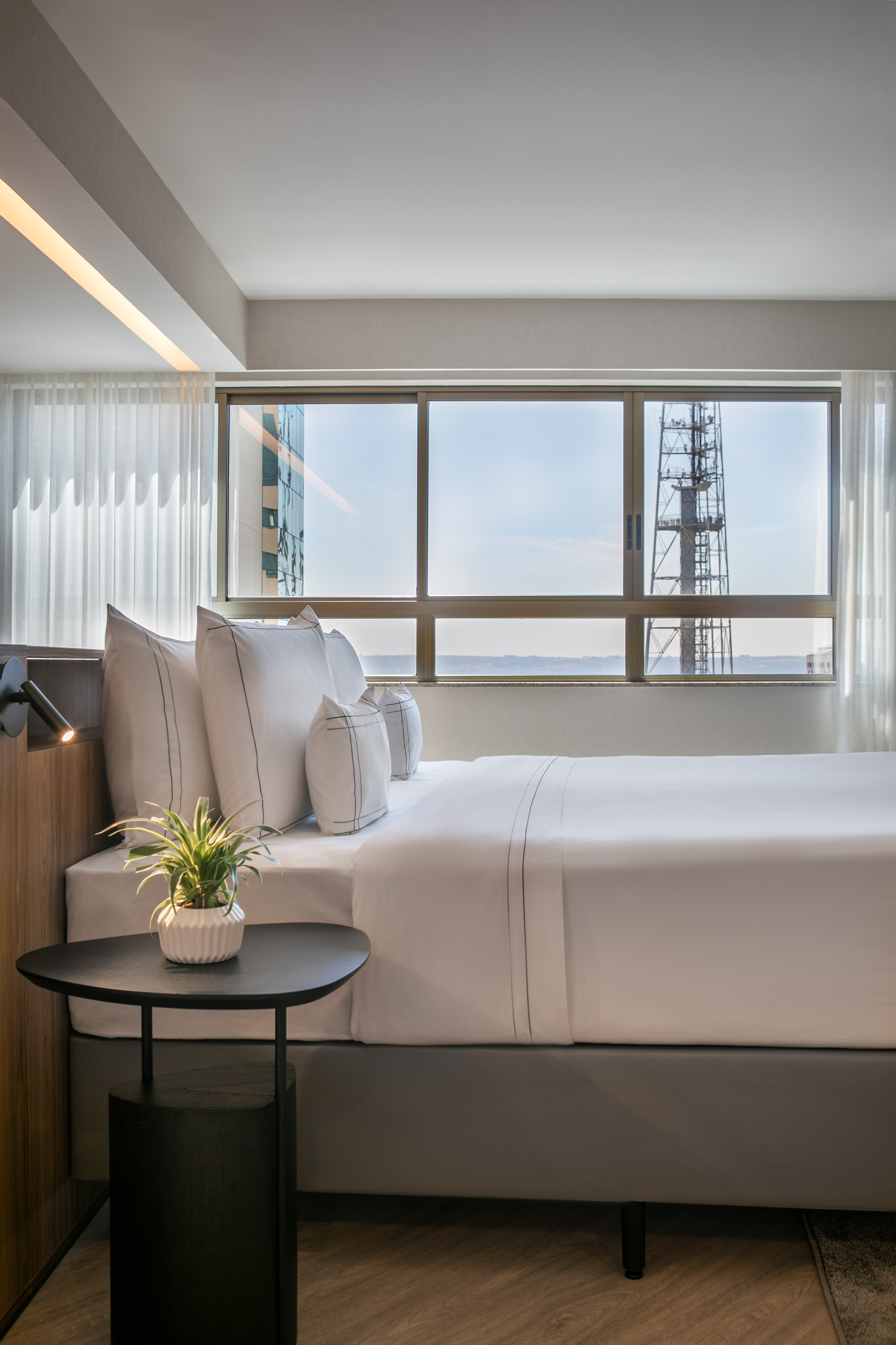 Modern hotel bedroom with white bed, plant, and large window city view.