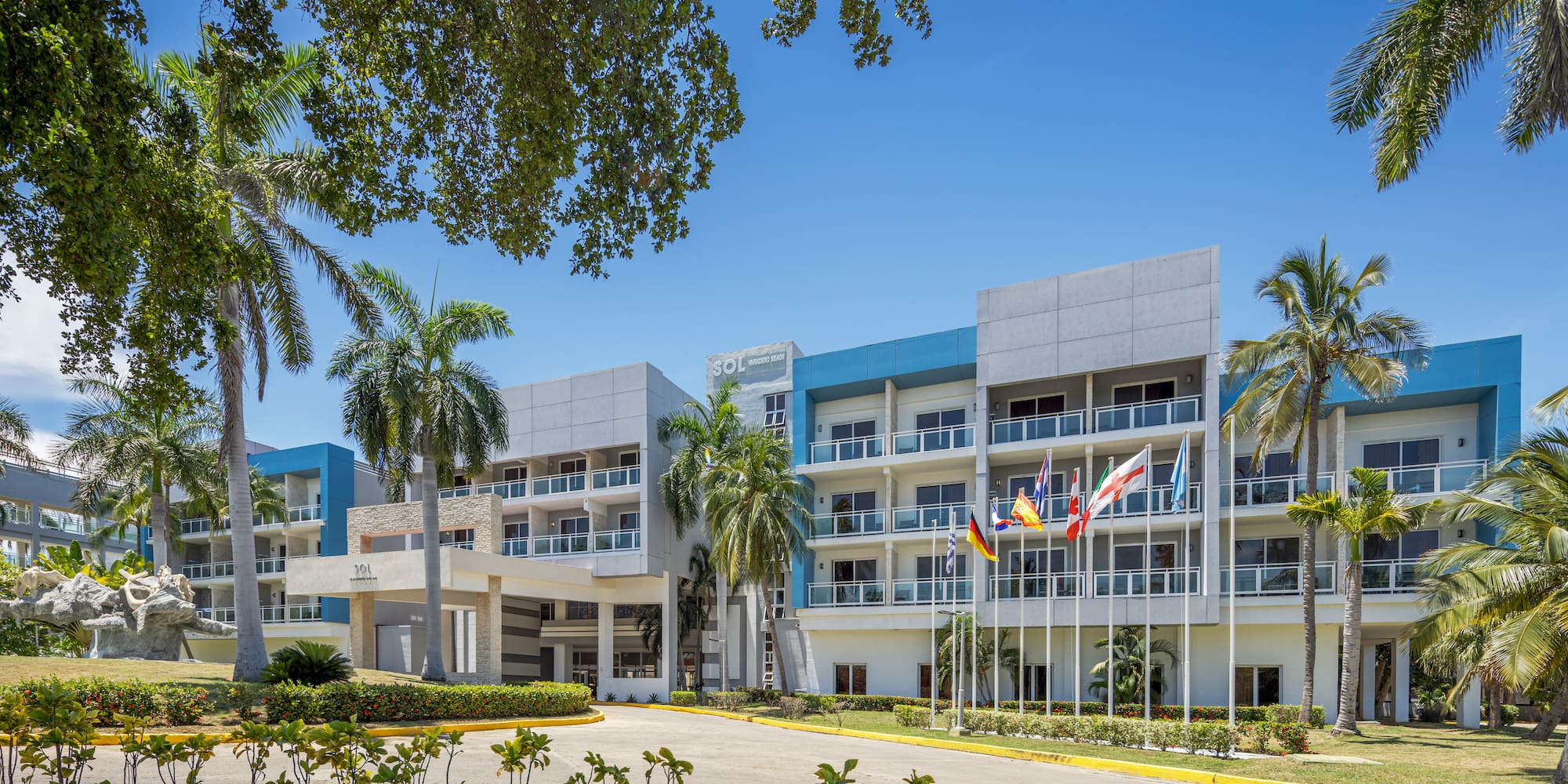 a building with flags in front of it