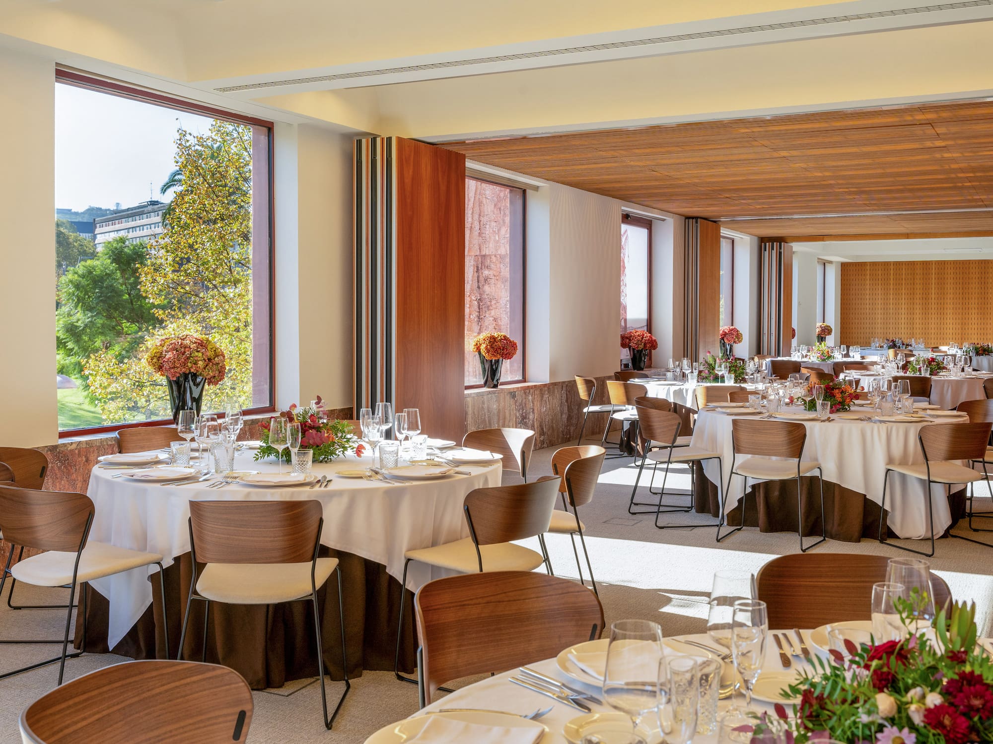 a room with tables and chairs