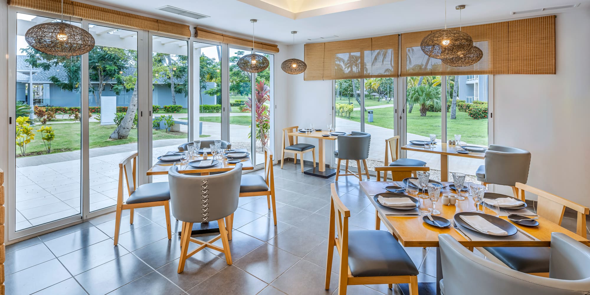 a room with tables and chairs