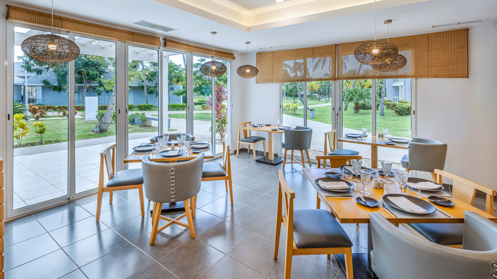 a room with tables and chairs