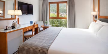 a bedroom with a bed and a desk and a television