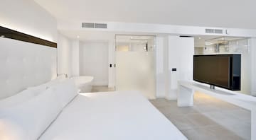 a bedroom with a tv and a bathtub