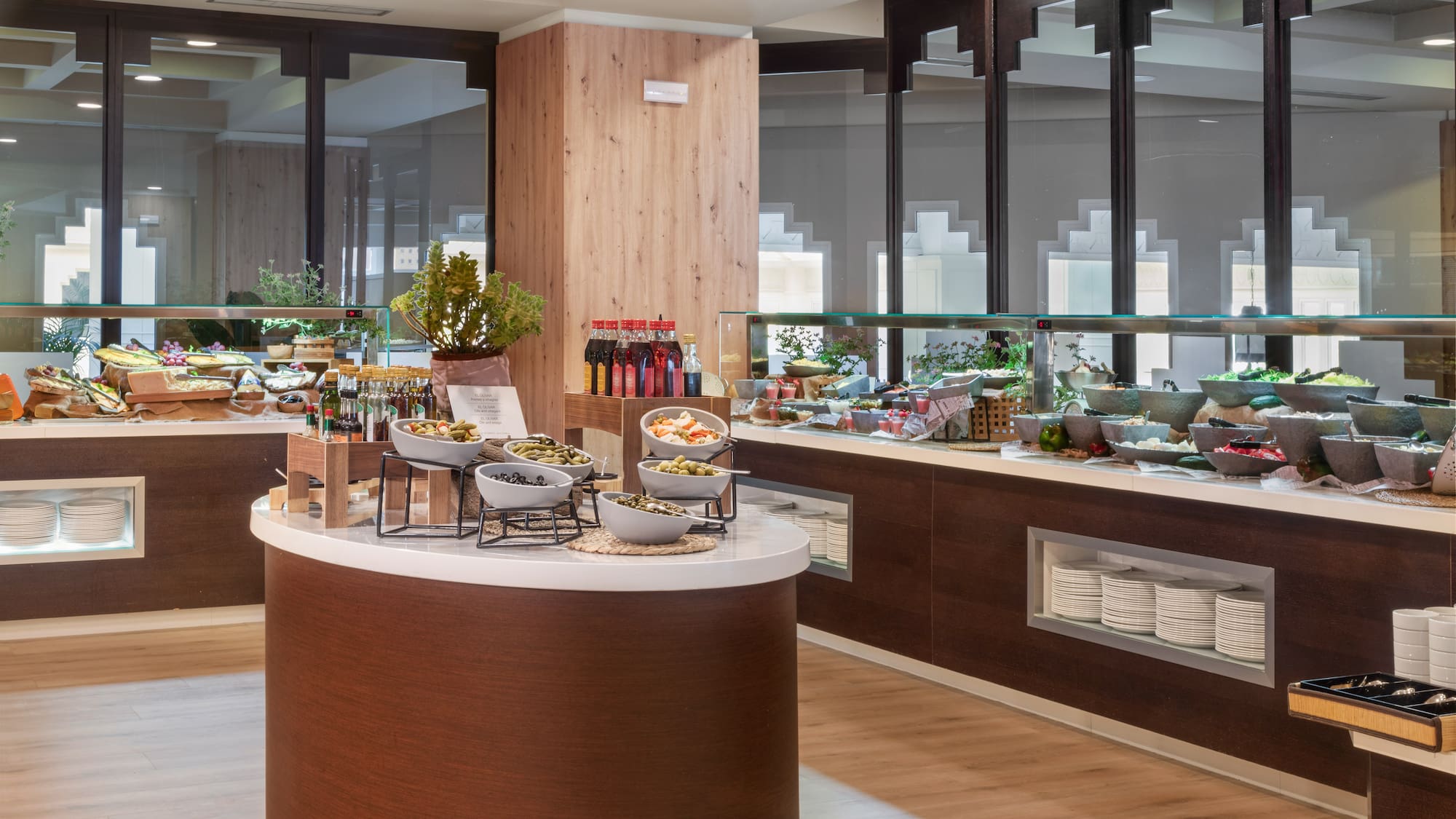 a buffet with food on the counter