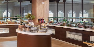 a buffet with food on the counter