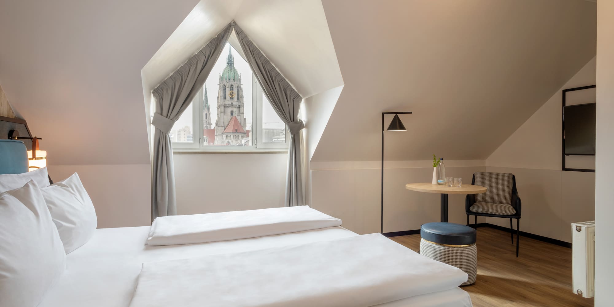 a room with a window and a table