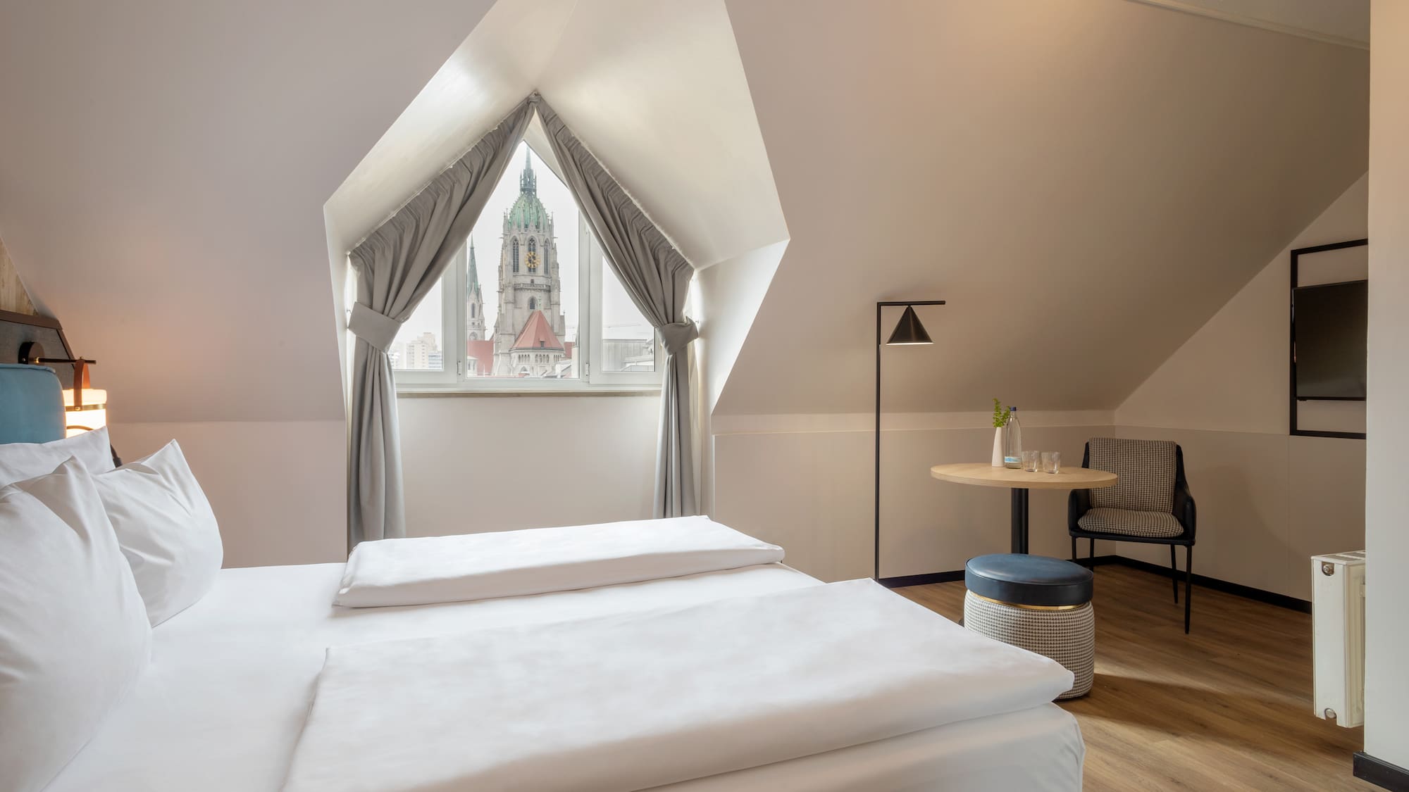 a room with a window and a table