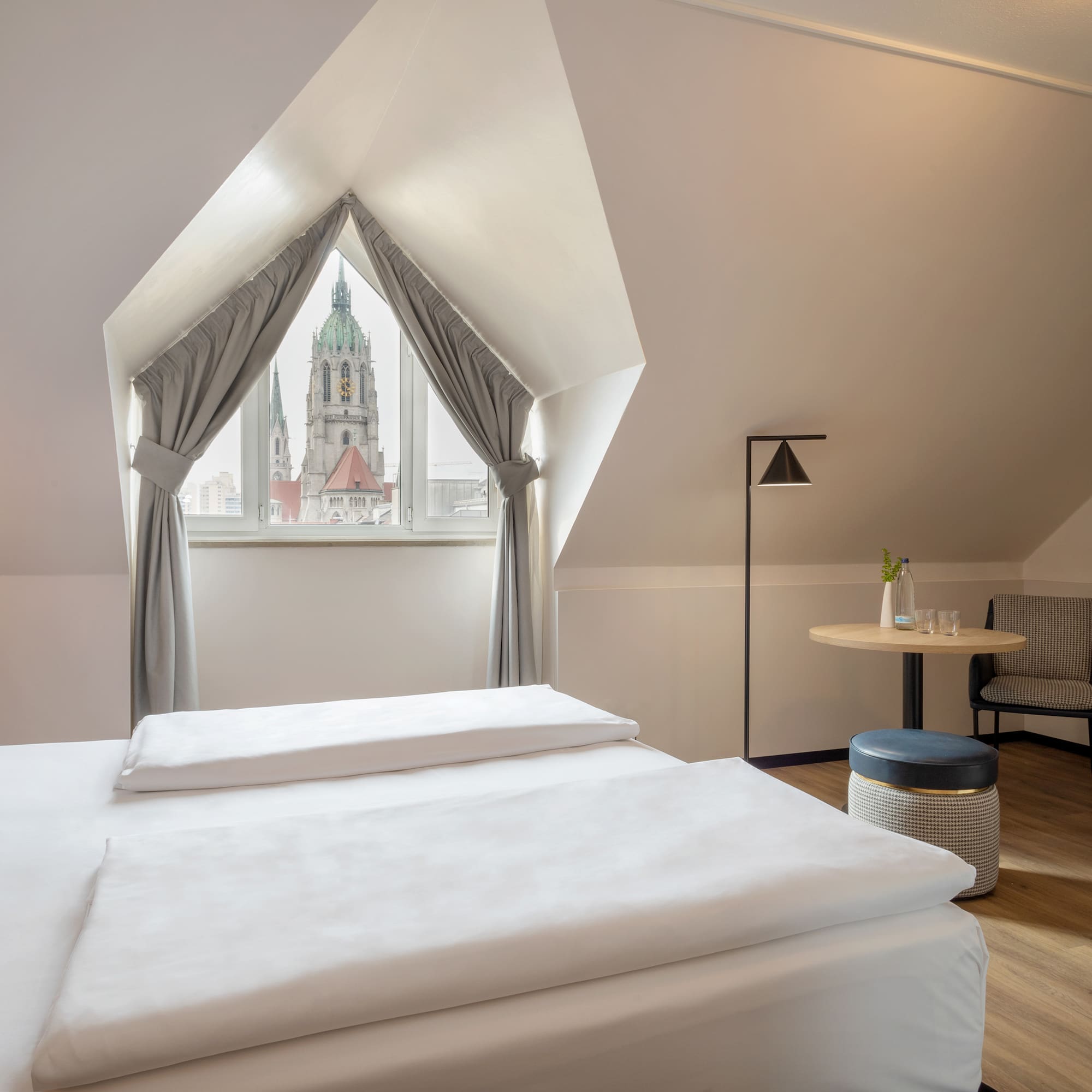 a room with a window and a table