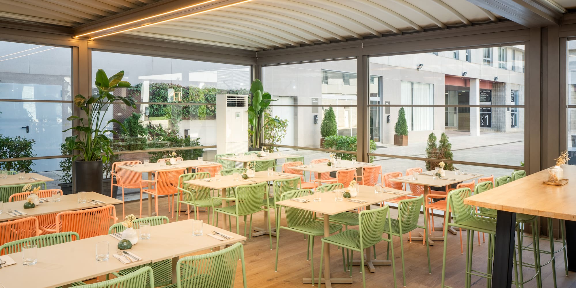 a room with tables and chairs