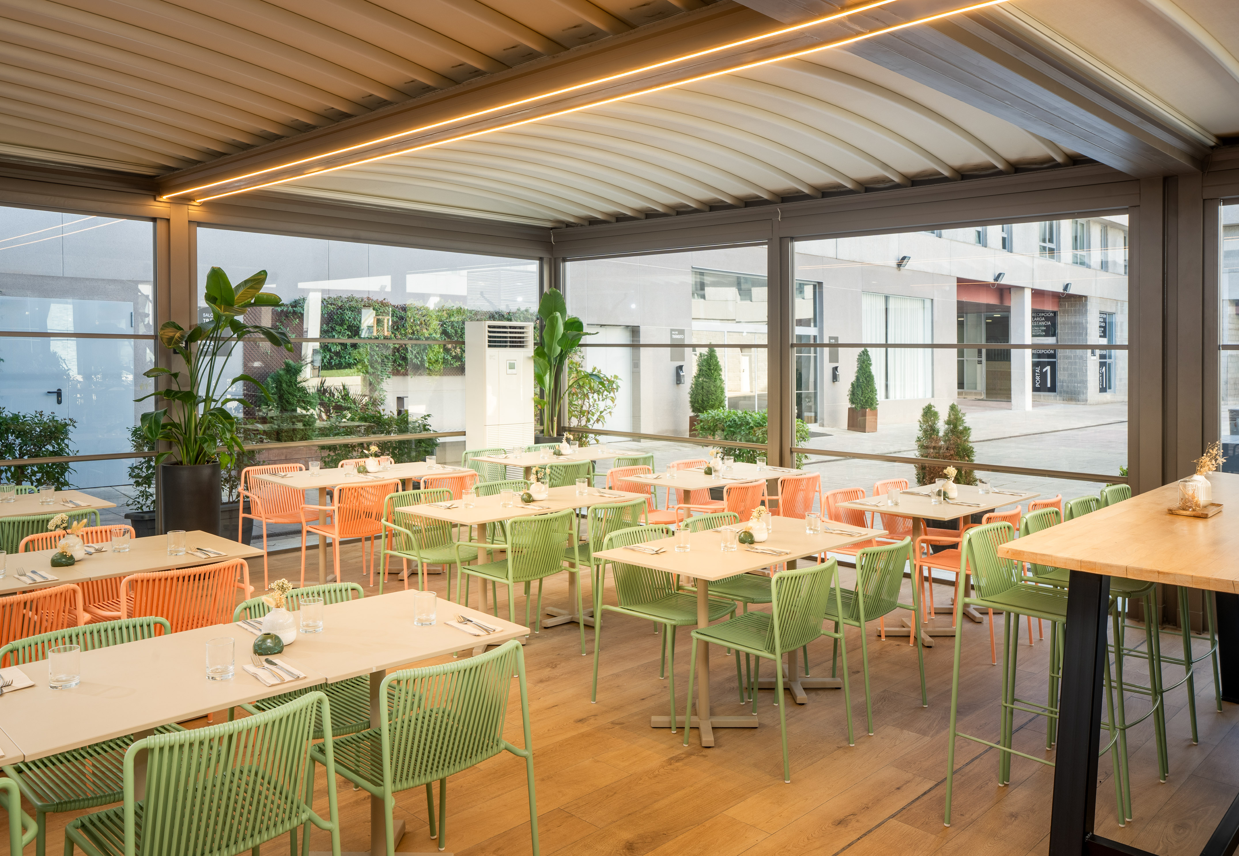 a room with tables and chairs