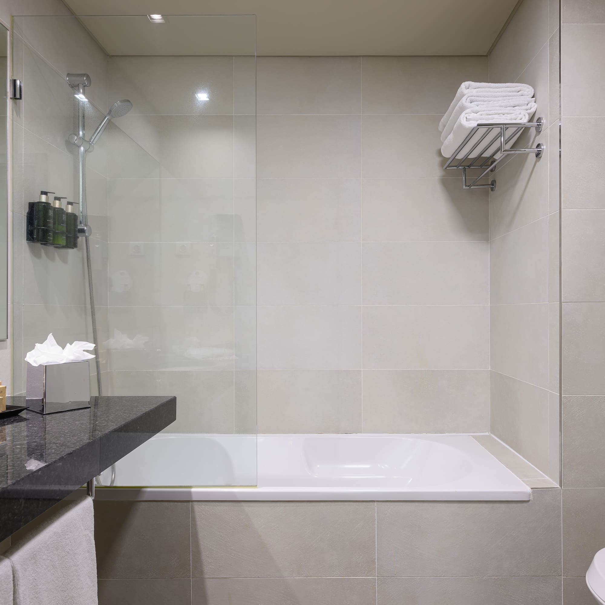 a bathroom with a glass shower and a bathtub