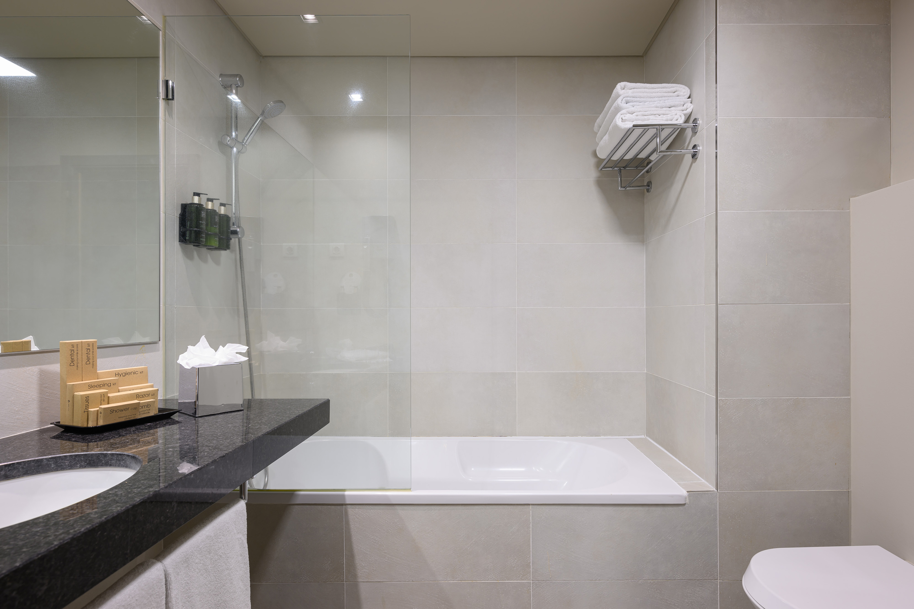 Modern hotel bathroom with glass shower, built-in bathtub, vanity, and sink.