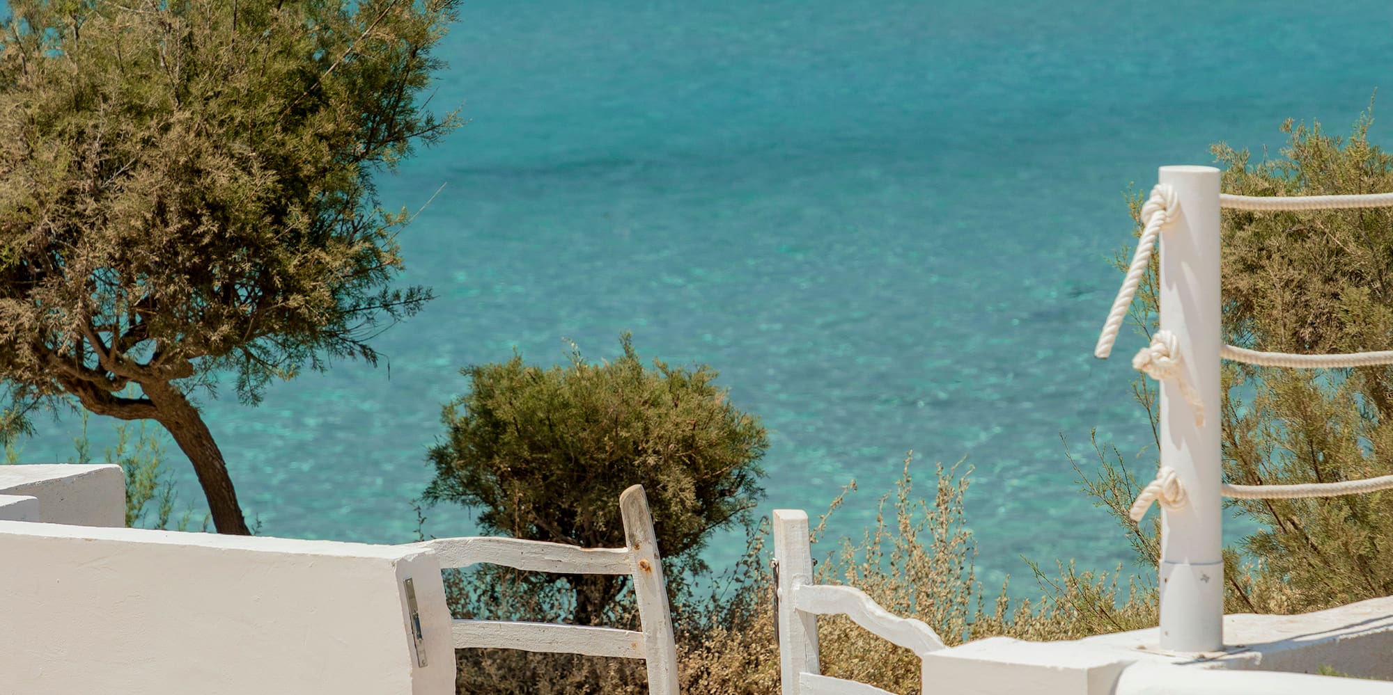 a white wall with a white gate and trees and a blue body of water