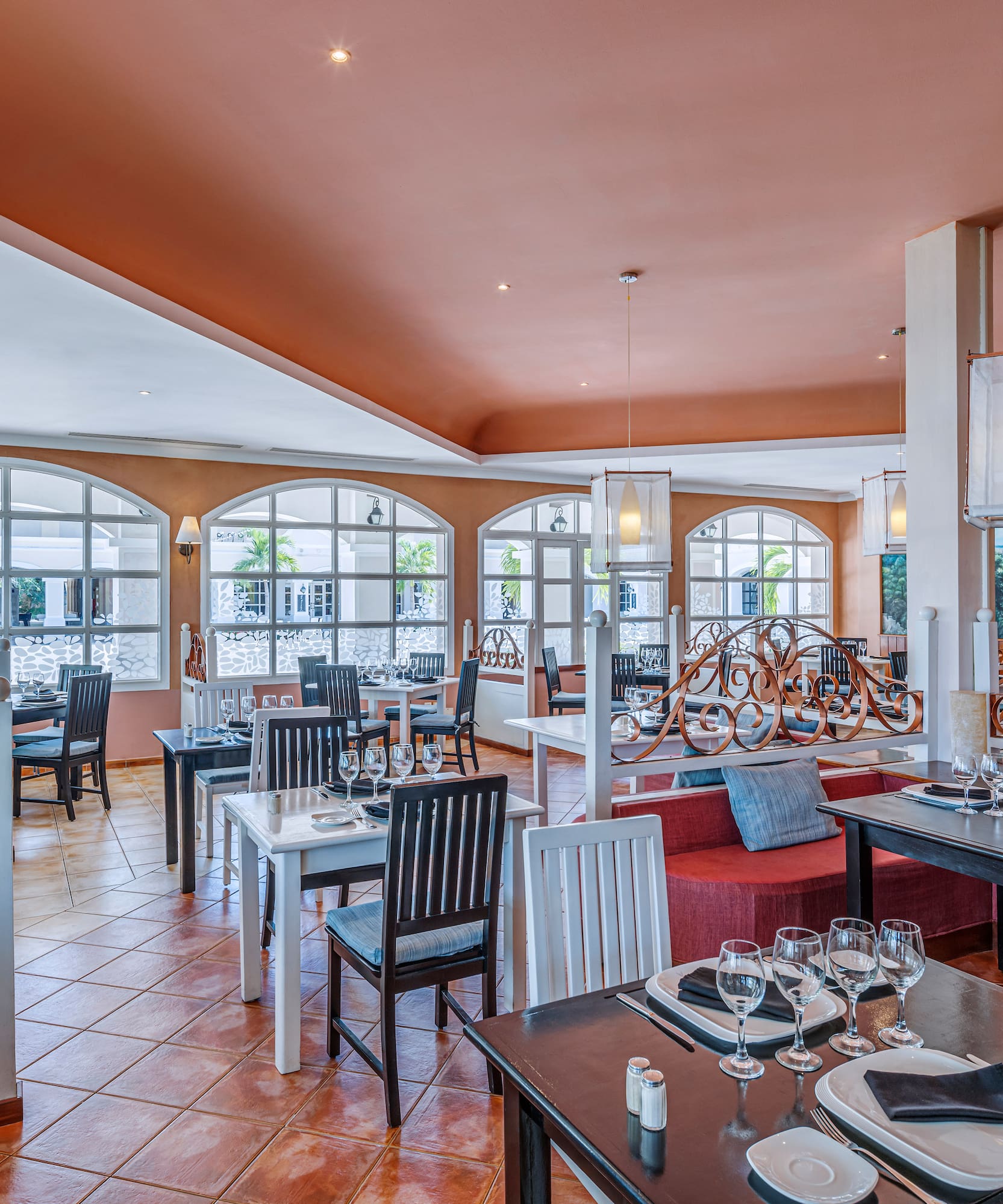 a room with tables and chairs