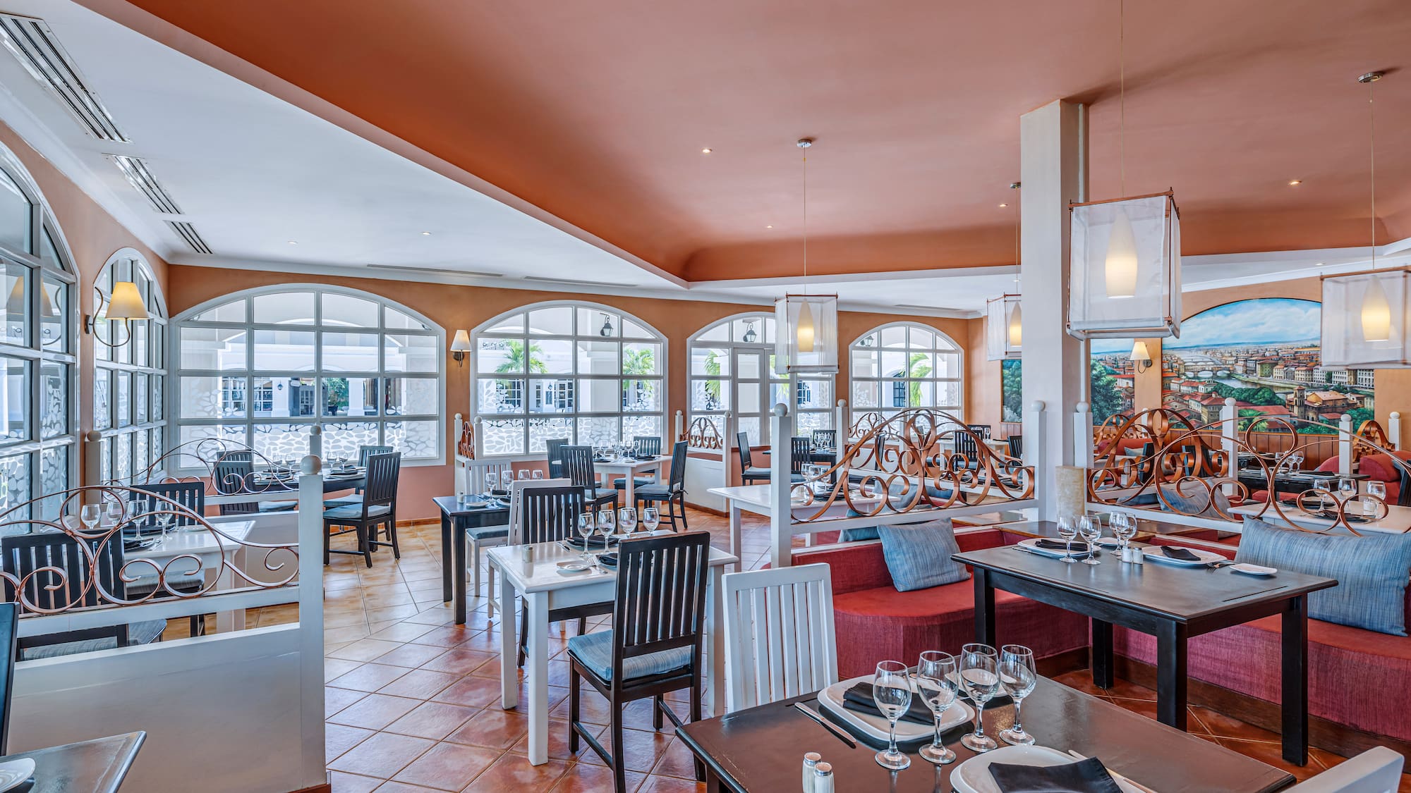 a room with tables and chairs