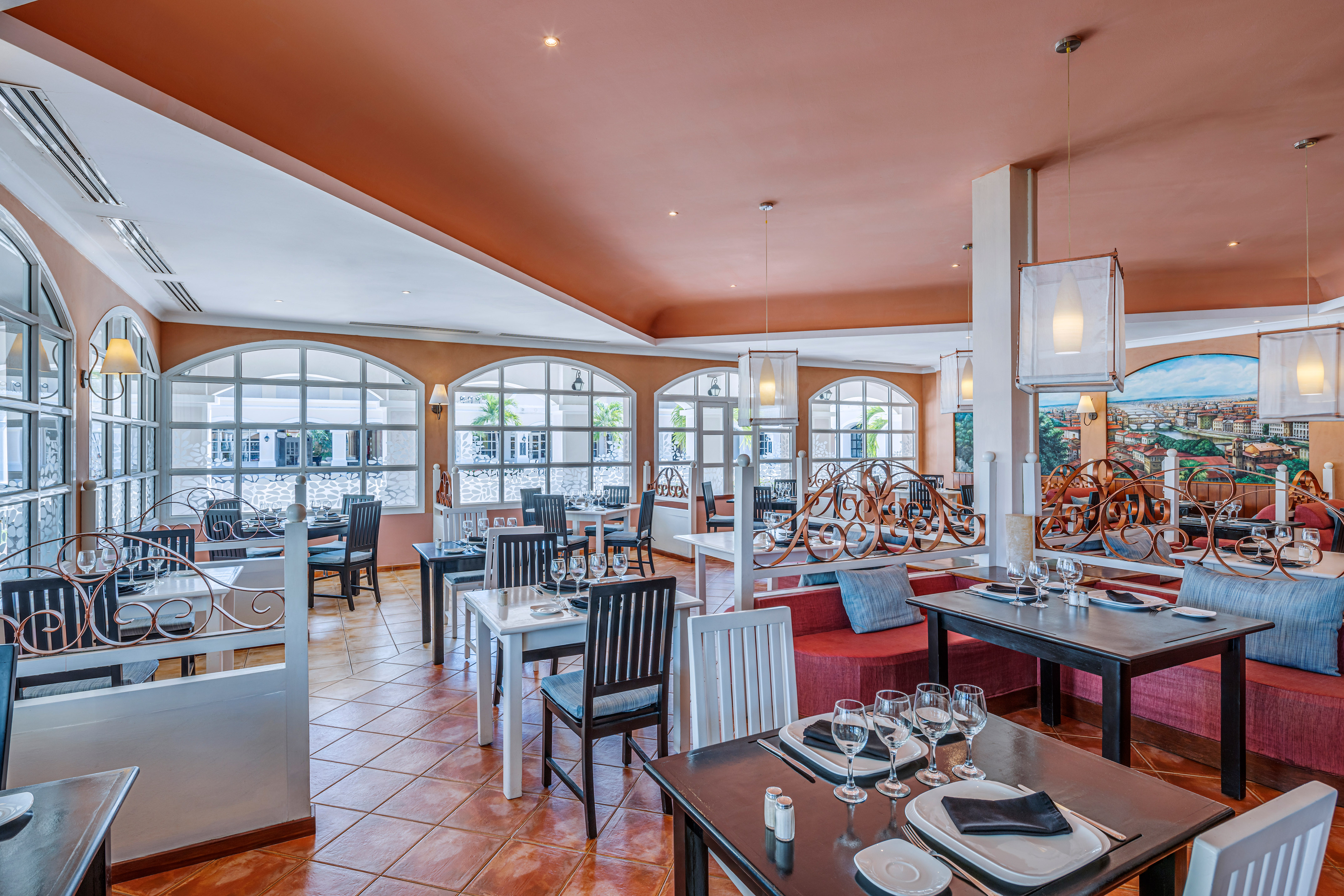 a room with tables and chairs