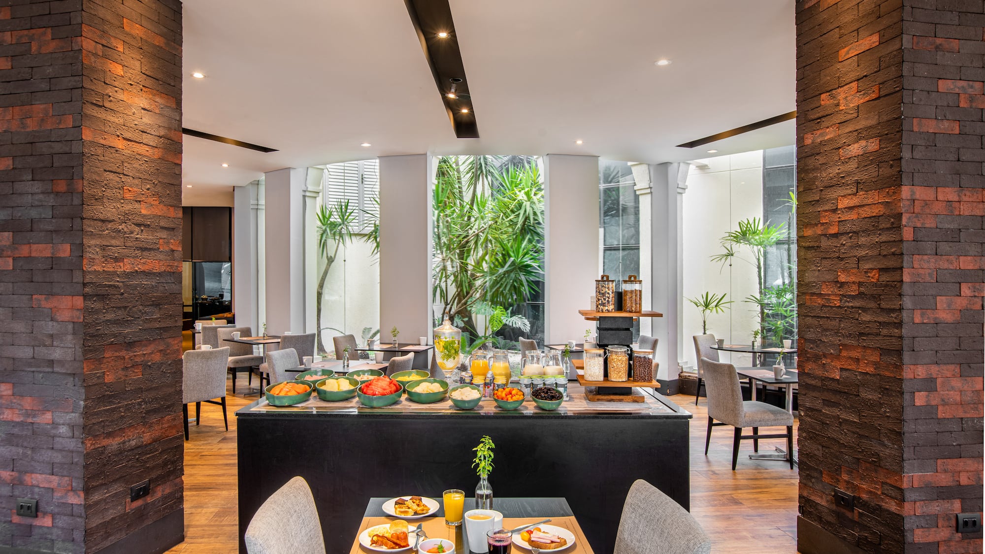 a restaurant with a table of food