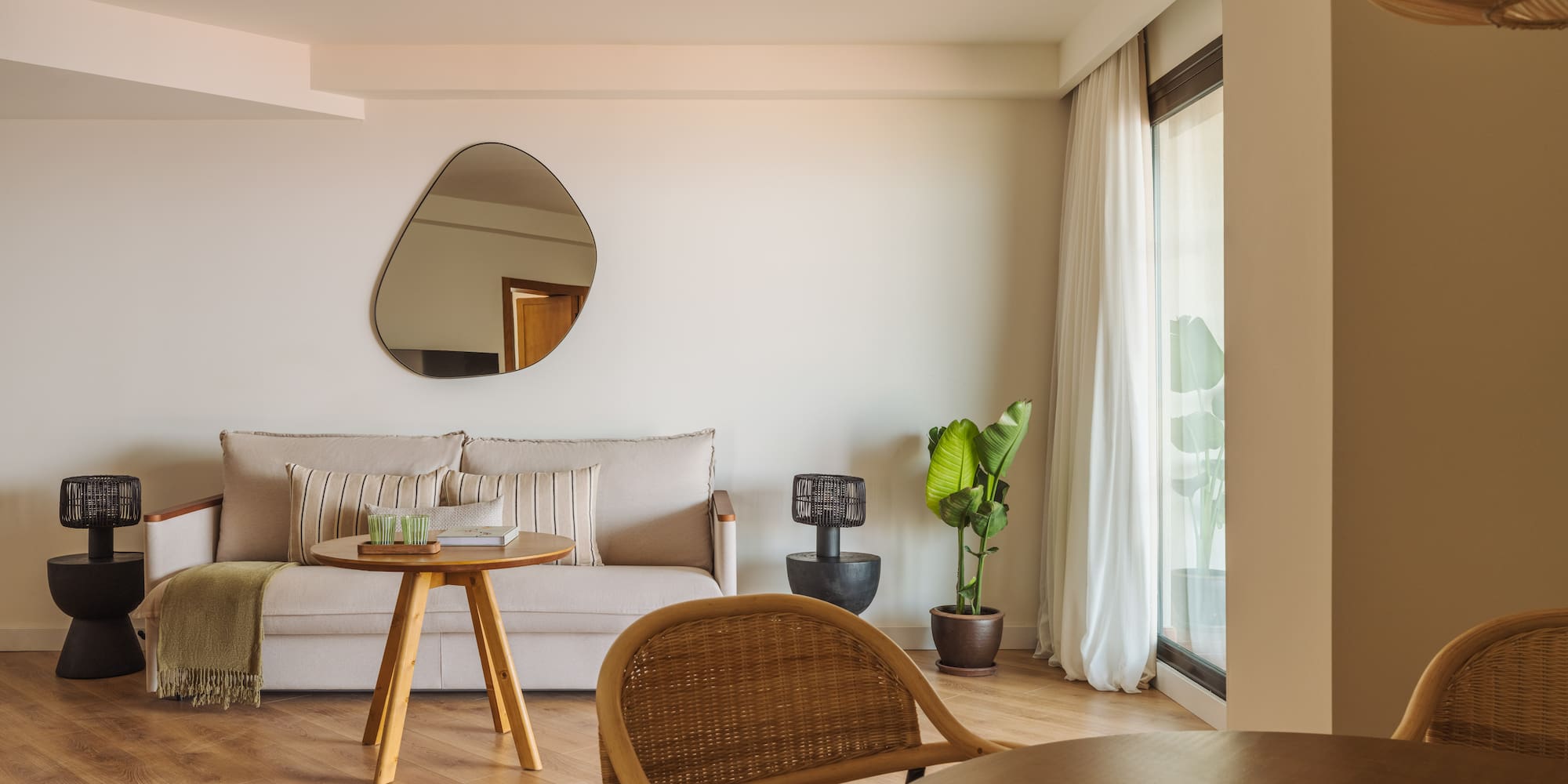 a living room with a couch and a table