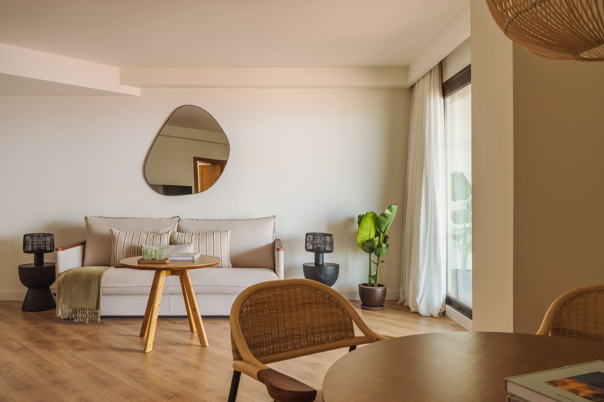 a living room with a couch and a table