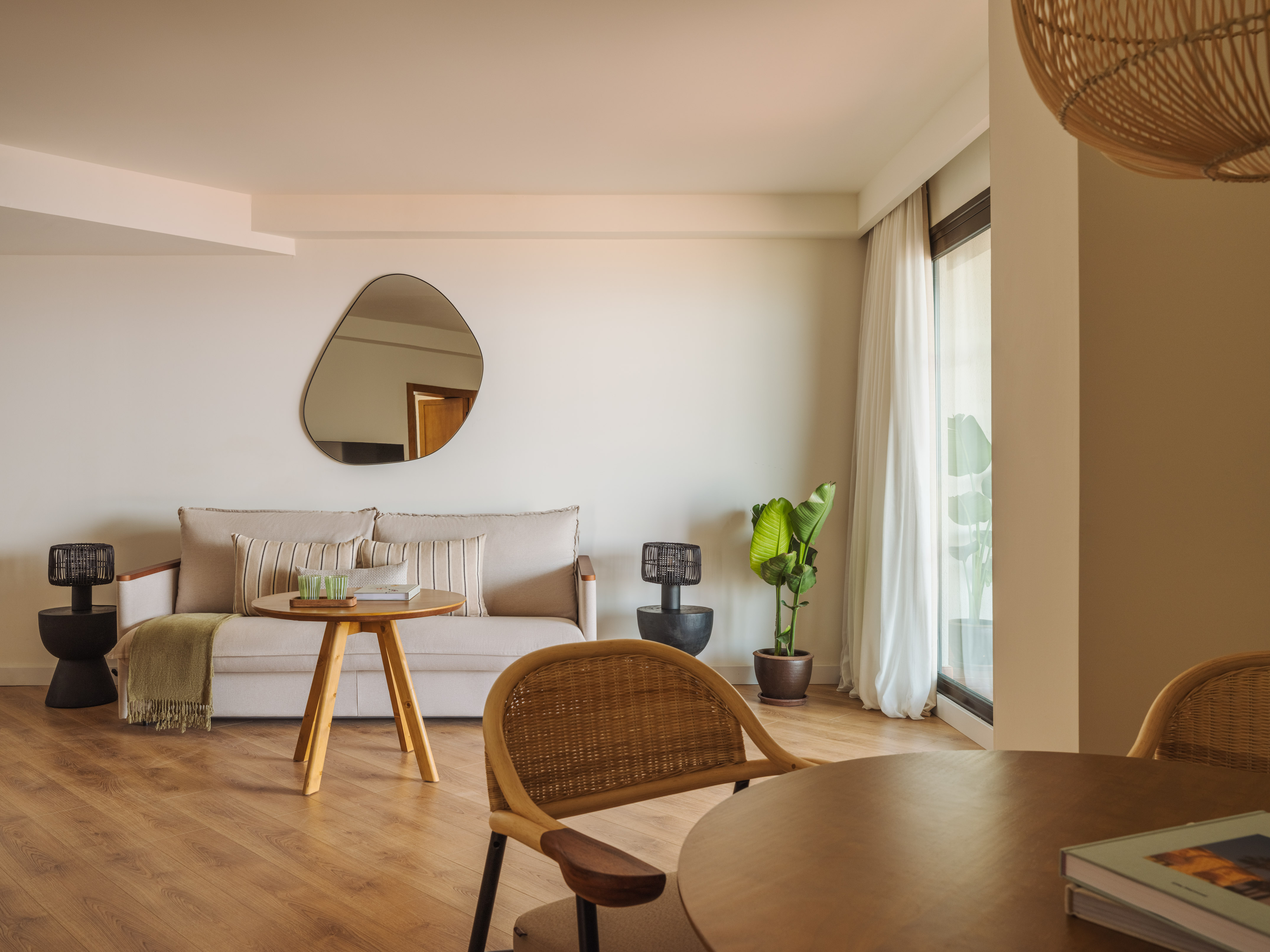 Modern living room with light sofa, wood floor, abstract mirror, and large plant.