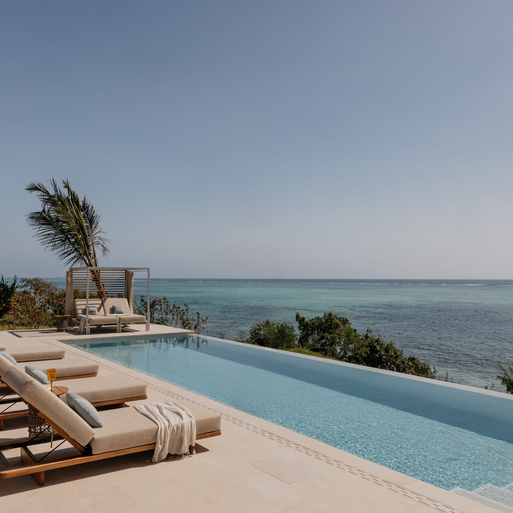 a pool with lounge chairs and a palm tree overlooking the ocean
